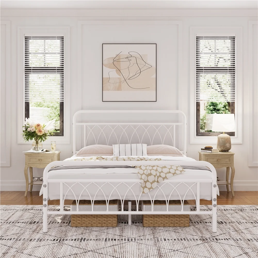 Topeakmart Metal Platform Bed Frame with Petal Accented Headboard and Footboard, Queen Size, White