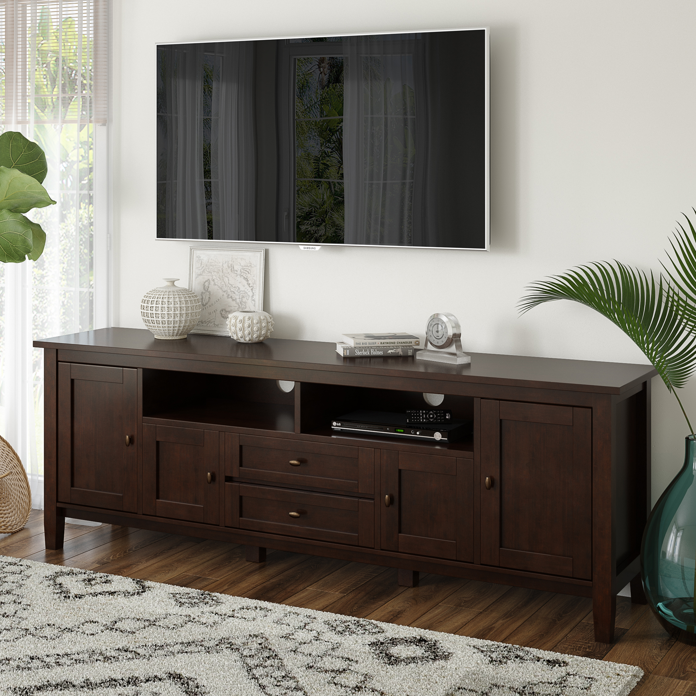 Warm Shaker SOLID WOOD 72 inch Wide Transitional TV Media Stand in Russet Brown For TVs up to 80 inches