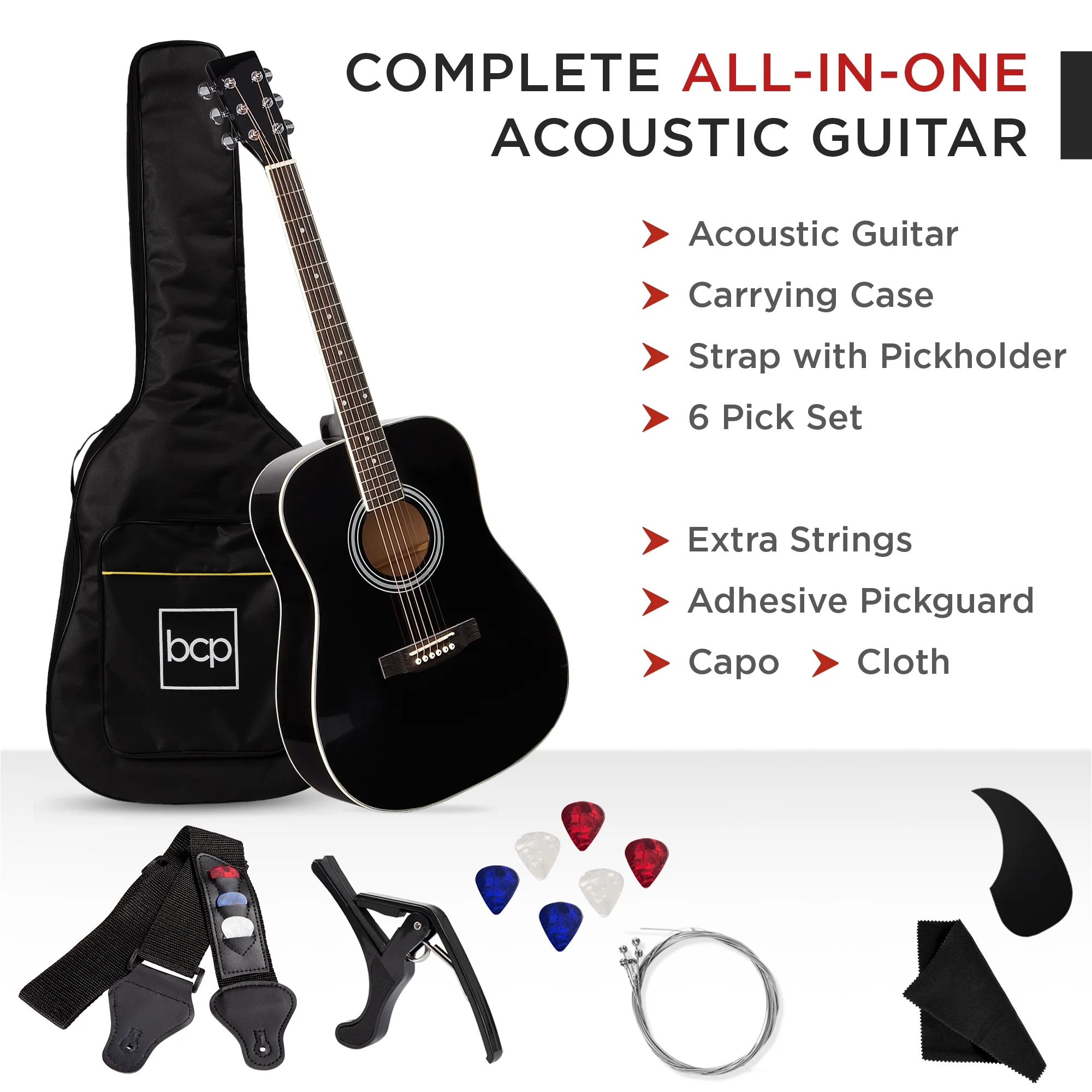 Best Choice Products 41in Full Size All-Wood Acoustic Guitar Starter Kit w/Gig Bag, E-Tuner, Pick, Strap, Rag - Black