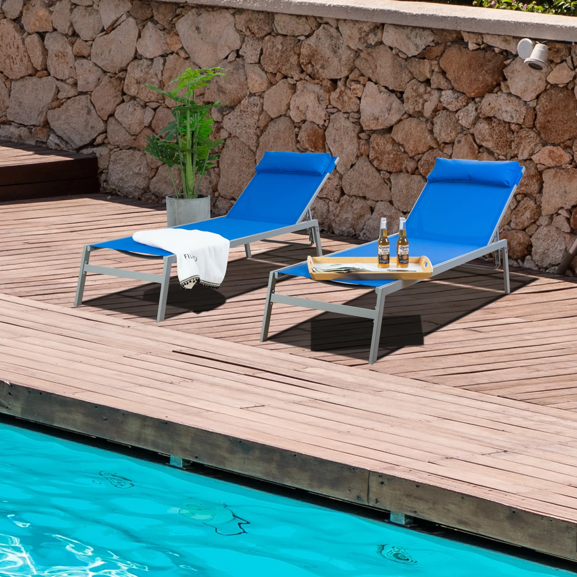 Kozyard Wilson Adjustable EDP Coated Wrought Iron Chaise Lounge Chair (2 Pack, Blue)