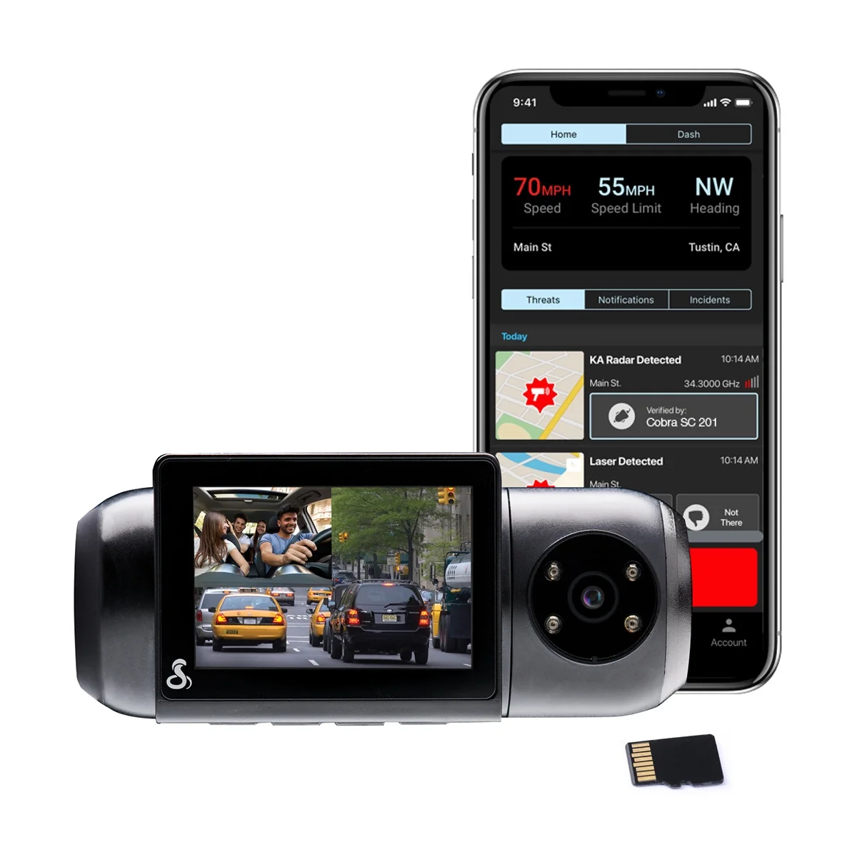 Cobra SC 201 1080P Dash Cam + Interior Night Vision Cam, Live Alerts, CarPlay Compatible Dash Camera