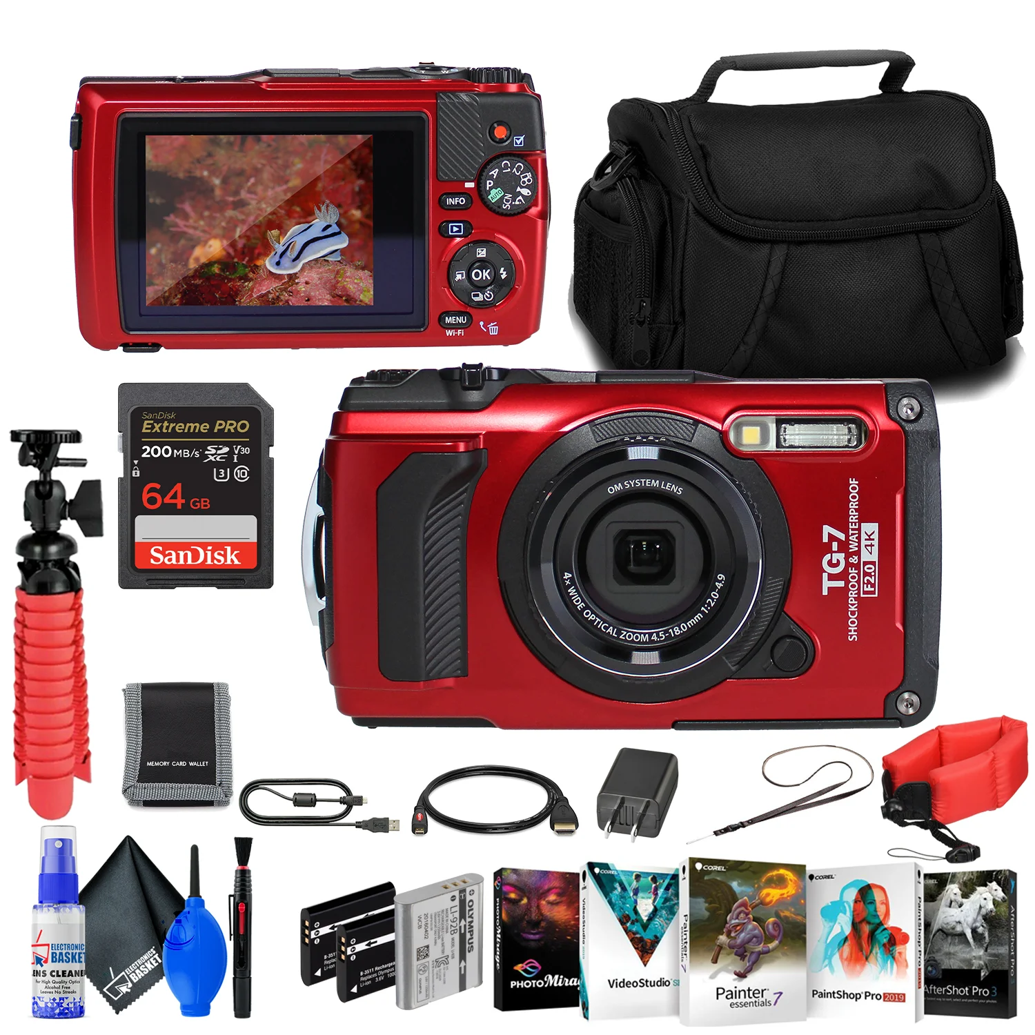 OM SYSTEM Tough TG-7 Red Underwater Camera, Waterproof, Freeze Proof with 2 Extra Batteries + Float Strap + 64GB Card + Case + Flex Tripod + More