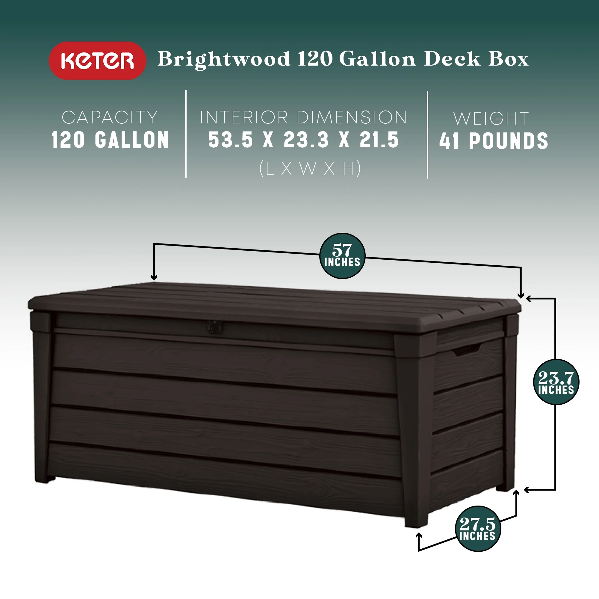 Keter Brightwood 120 Gallon Durable Weatherproof Resin Deck Box Organization and Storage for Outdoor Patio and Lawn, Brown