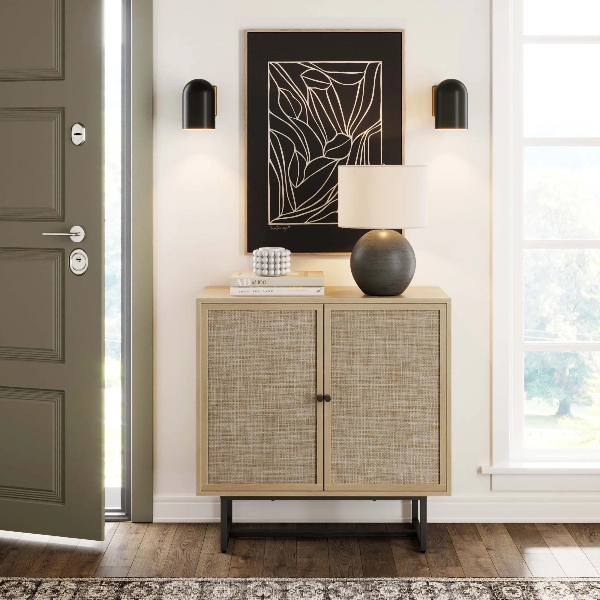 Nathan James Kova Natural Cane Rattan Doors Accent Cabinet with Black Metal Base and Adjustable Shelf