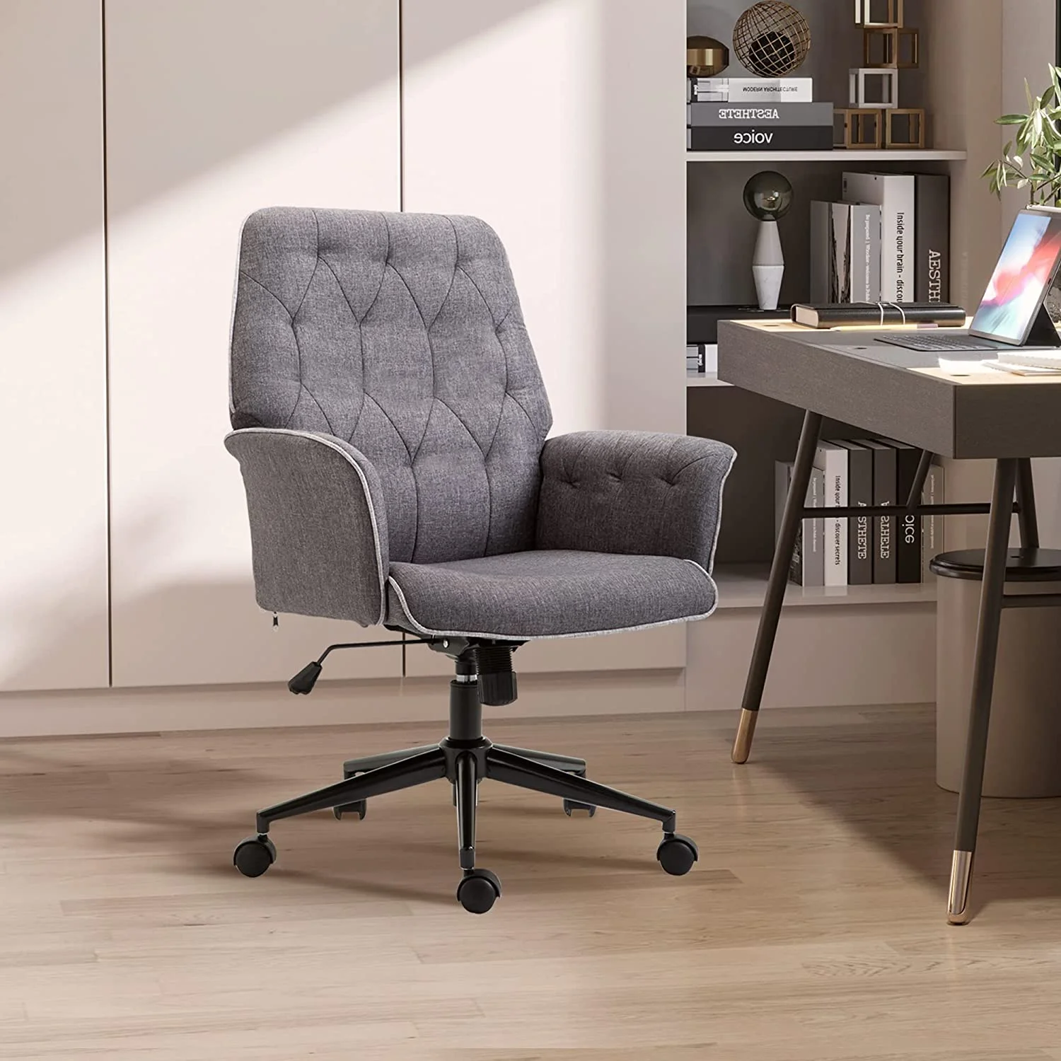 Linen Home Office Chair, Tufted Height Adjustable Computer Desk Chair with Swivel Wheels and Padded Armrests, Dark Gray