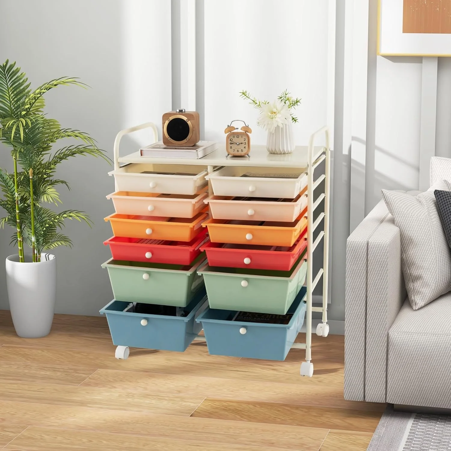 12-Drawer Rolling Cart Multipurpose Organizer Cart for Home Office School Utility Cart with Wheels (Macaron)