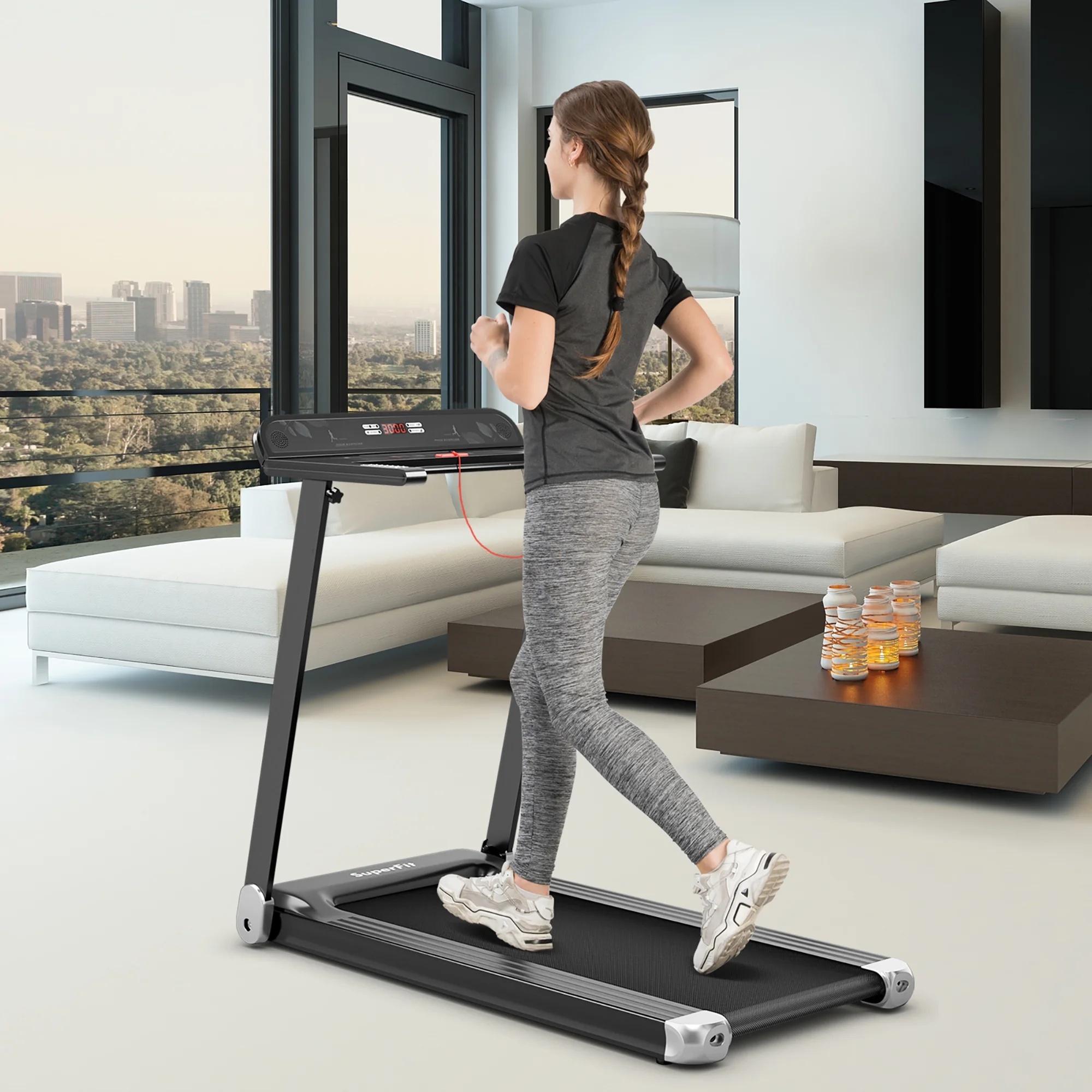SuperFit Folding Electric Treadmill Compact Walking Running Machine w/APP Control Speaker Silver