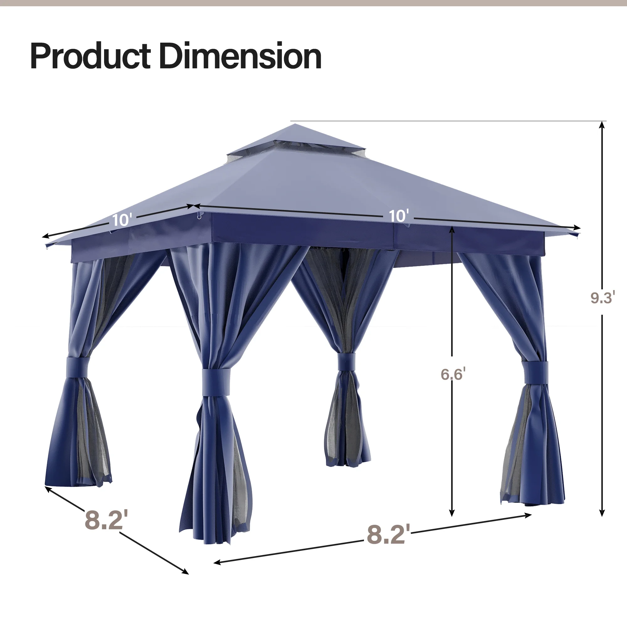 LAUSAINT HOME 10'x10' Patio Gazebo, Double Roof Outdoor Shelter Tent with Mosquito Nettings and Privacy Screens, Navy Blue
