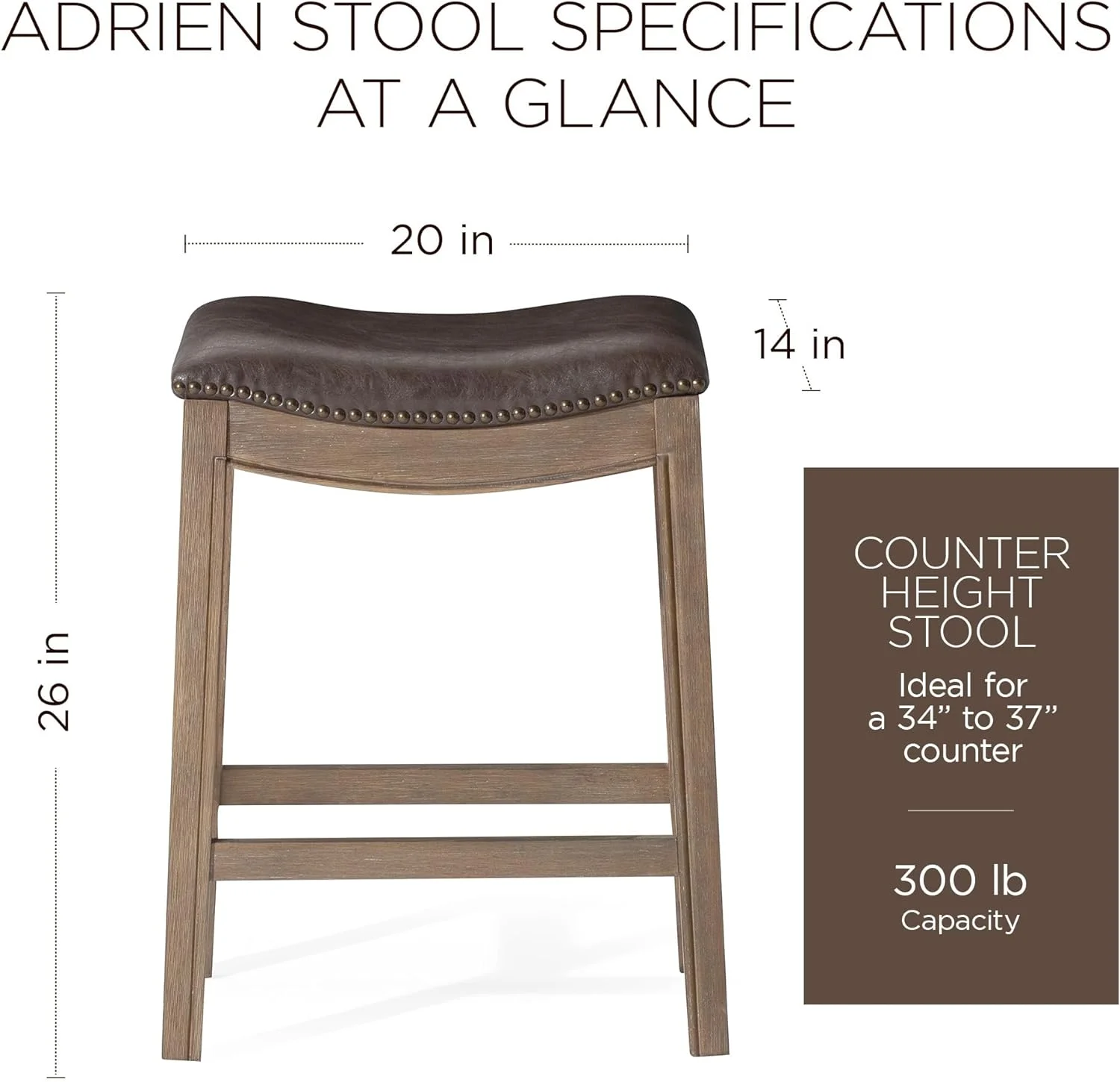 Adrien 26 Inch Counter Height Backless Saddle Barstool in Weathered Oak Finish with Avanti Bone Vegan Leather Cushion Seat