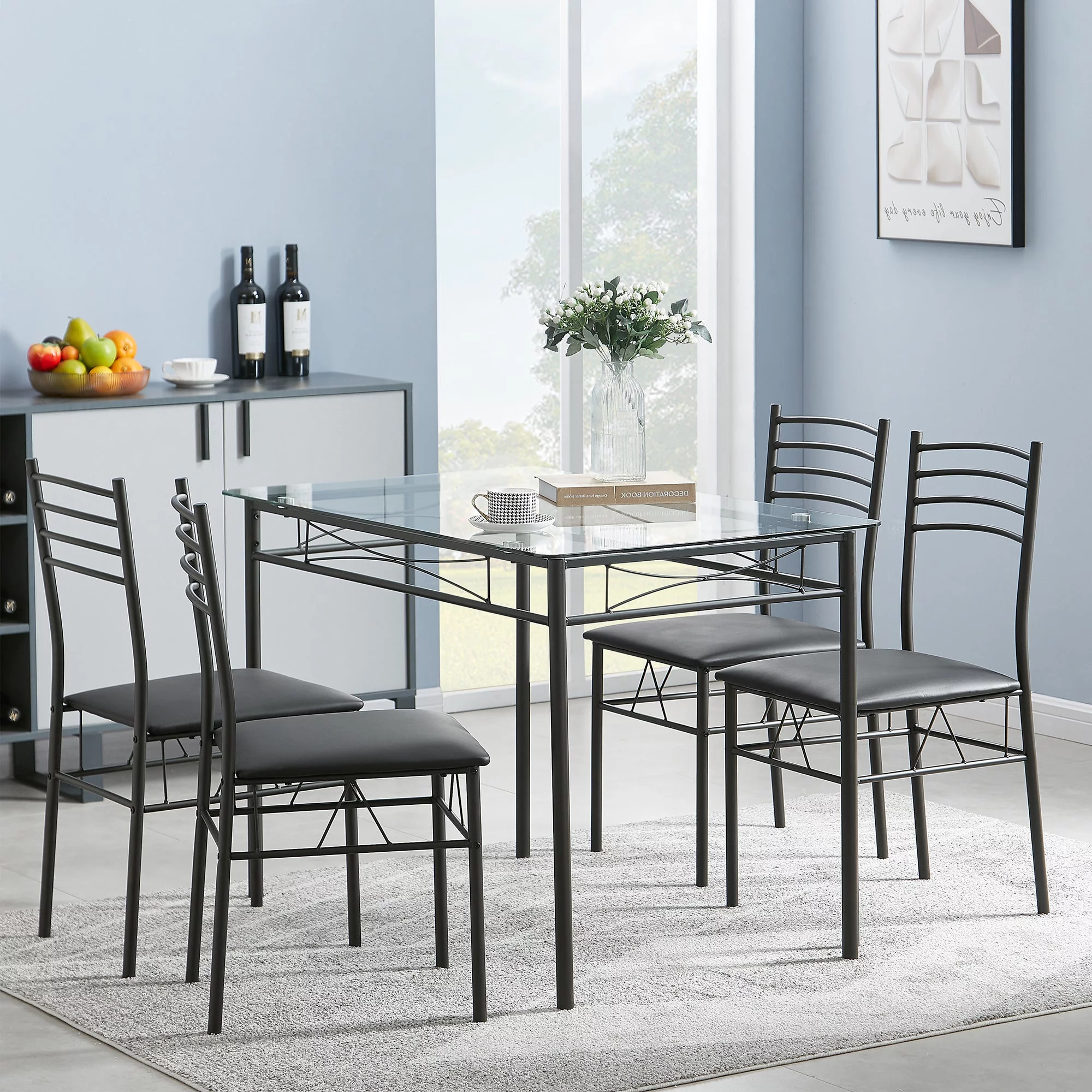 VECELO 5-Piece Dining Room Set Glass Top Table with 4 Chairs for Kitchen, Breakfast Furniture, Black