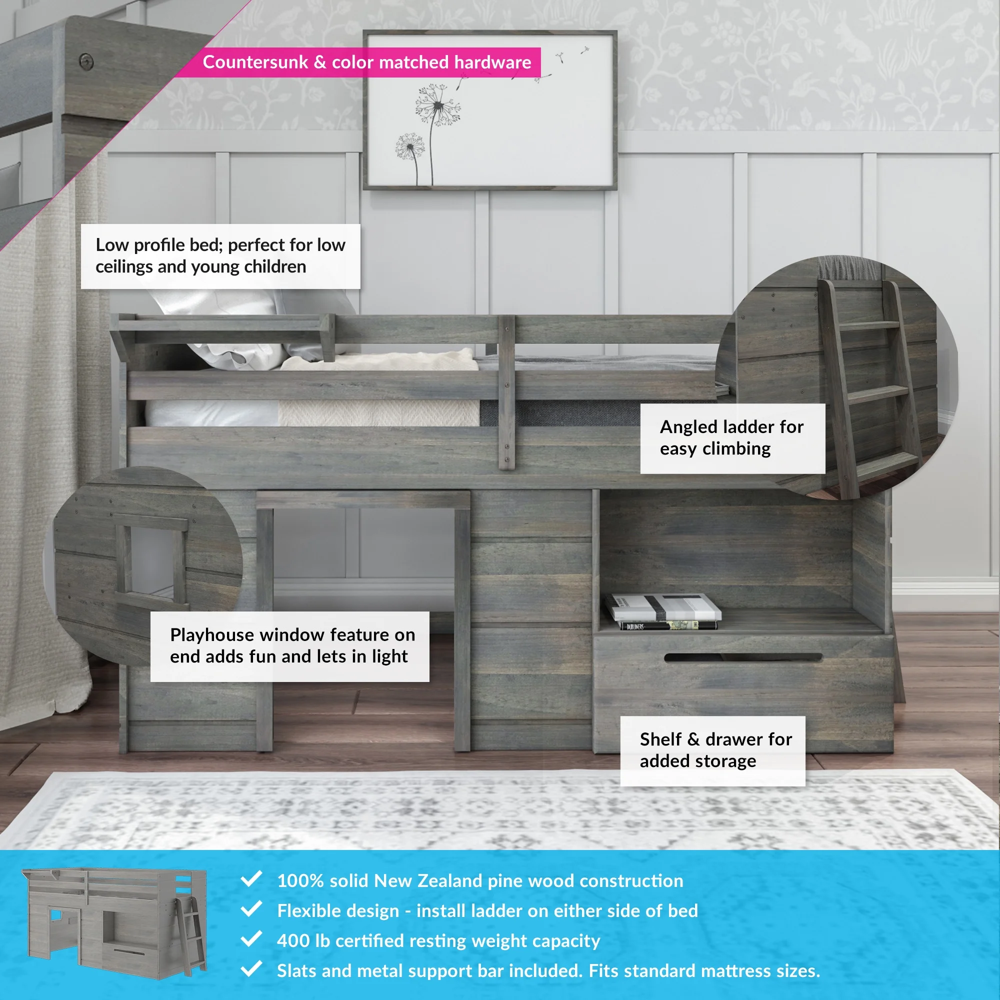 Max & Lily Modern Farmhouse Low Loft Bed with Storage Drawer, Solid Wood Bed for Kids