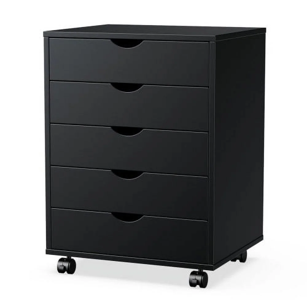 5 Drawer Chest, Storage Cabinets with Wheels, Wood Dressers Mobile Organizer Drawers for Office, Bedroom, Home, Black