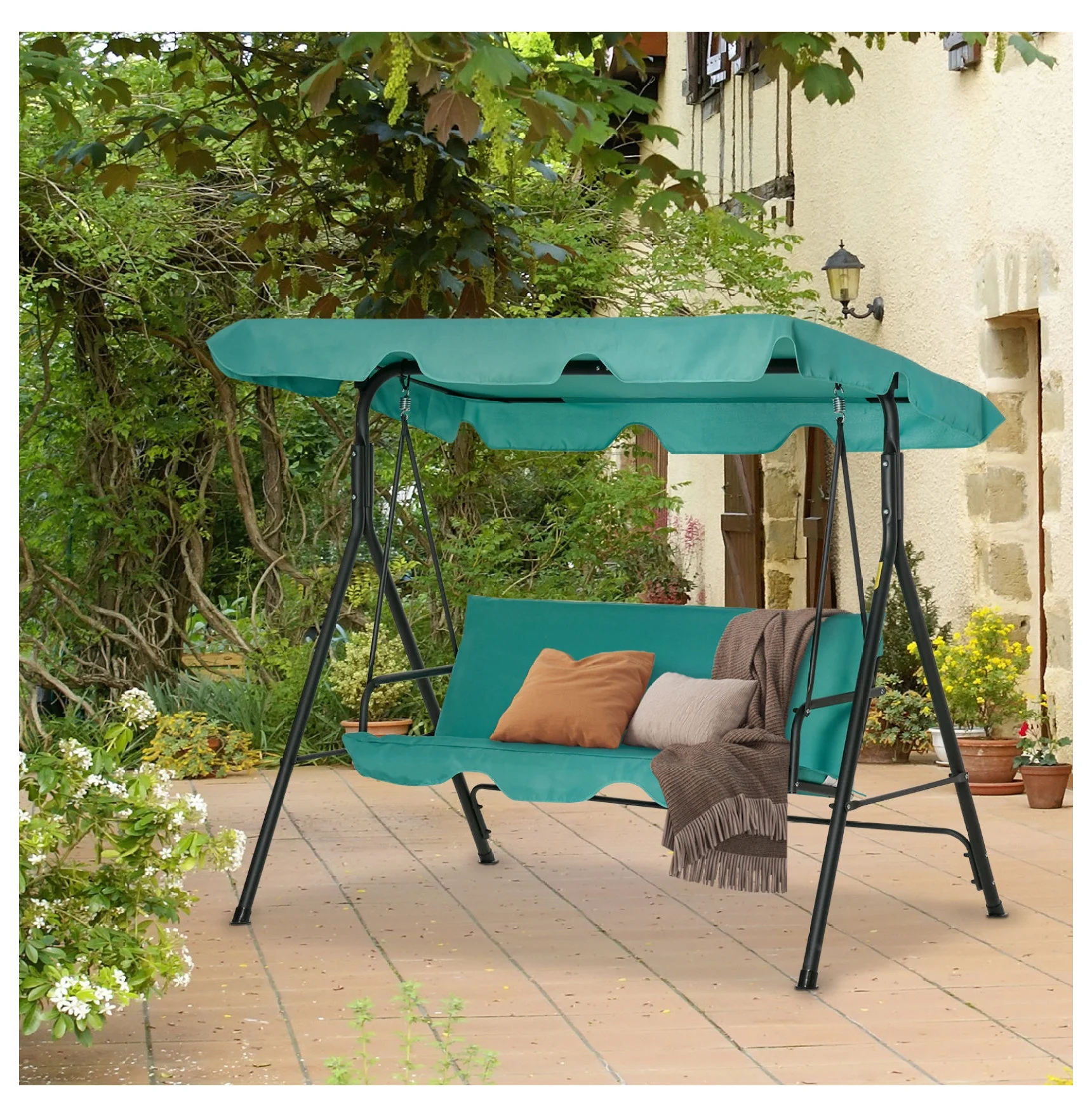 YUNTIE Porch Swing Hammock Bench Lounge Chair Steel 3-seat Padded Outdoor w/ Canopy