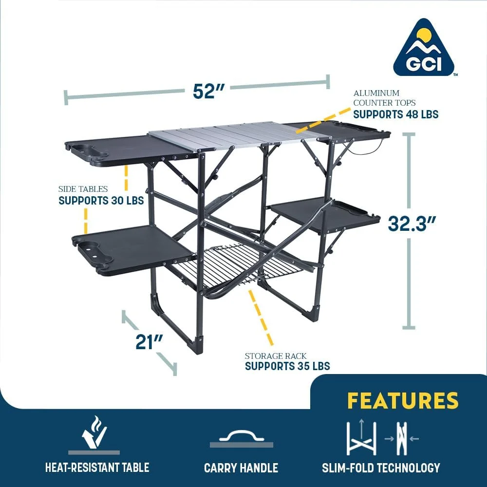Slim-Fold Cook Station | Portable Folding Kitchen Table with a Heat Resistant Tabletop, 4 Side Tables & Storage Rack, Perfect for Picnics & Camping Trips