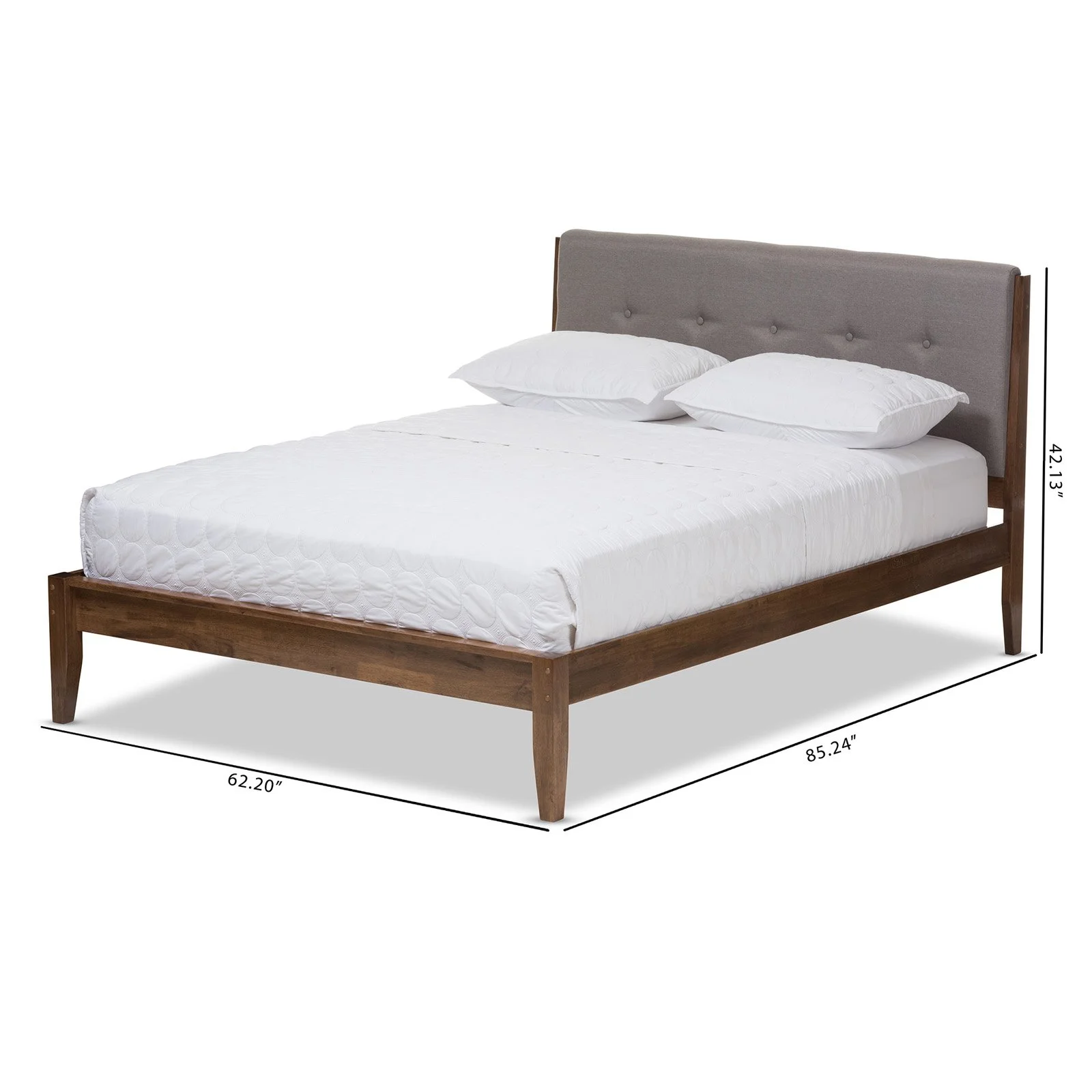 Baxton Studio Leyton Mid-Century Light Gray Fabric and Medium Brown Finish Wood Queen-Size Platform Bed