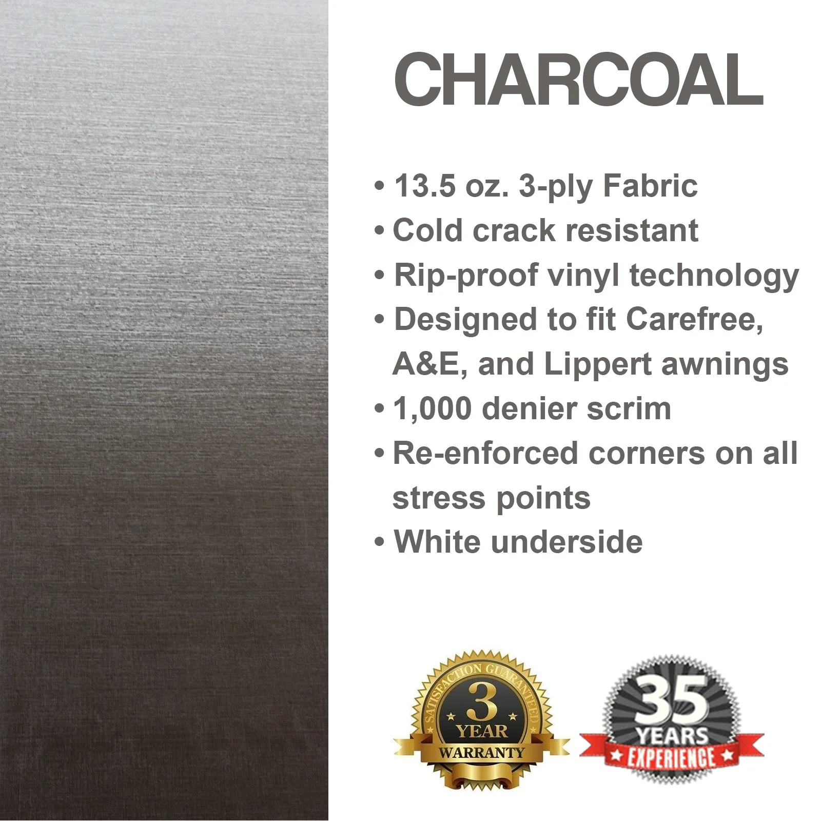 ShadePro RV Awning Fabric Replacement Premium Grade Vinyl 13' Charcoal Fade (Fabric length 12'2