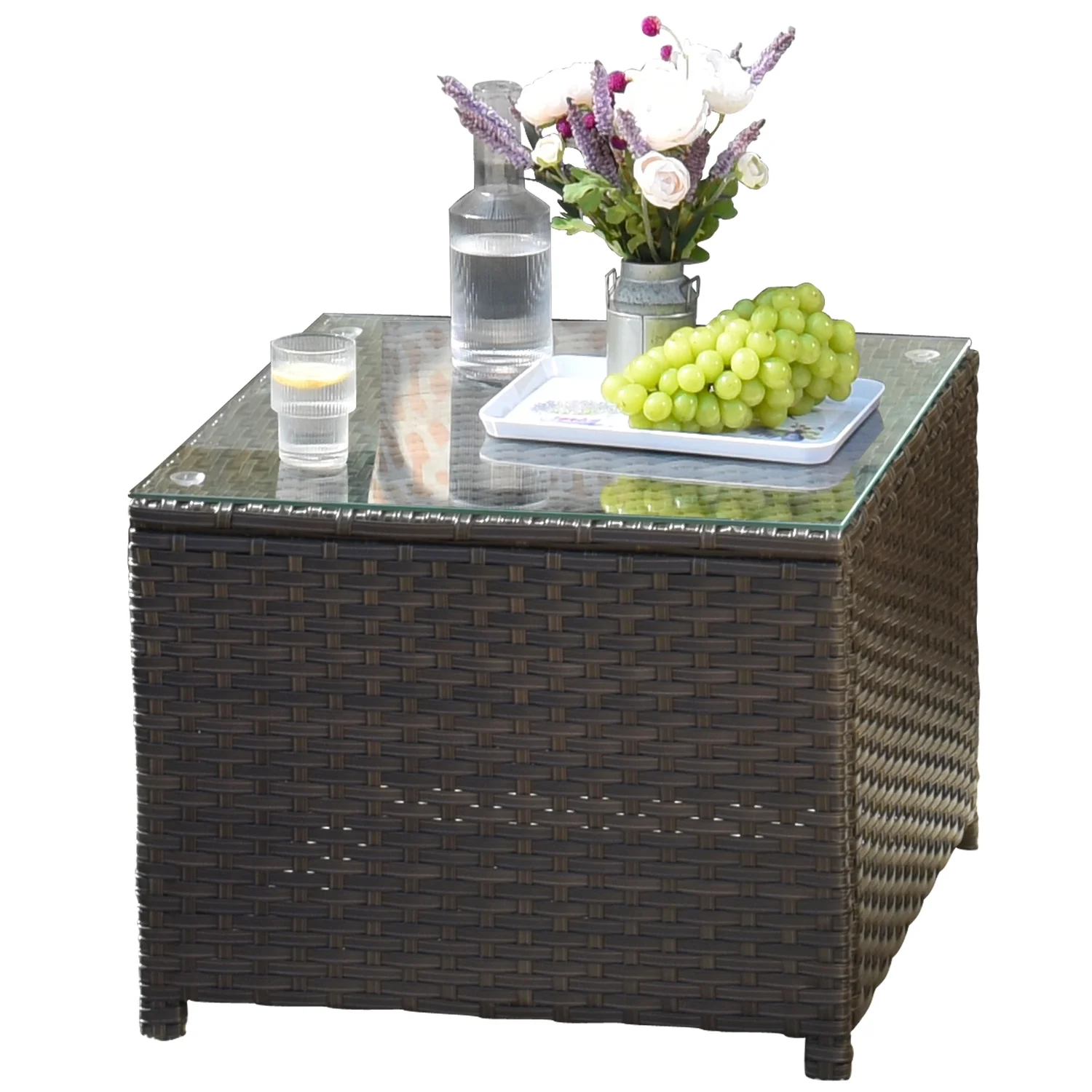 Ovios Outdoor Coffee Table Wicker Patio Furniture Set Rattan Side Tea Tables with Glass Top for Backyard