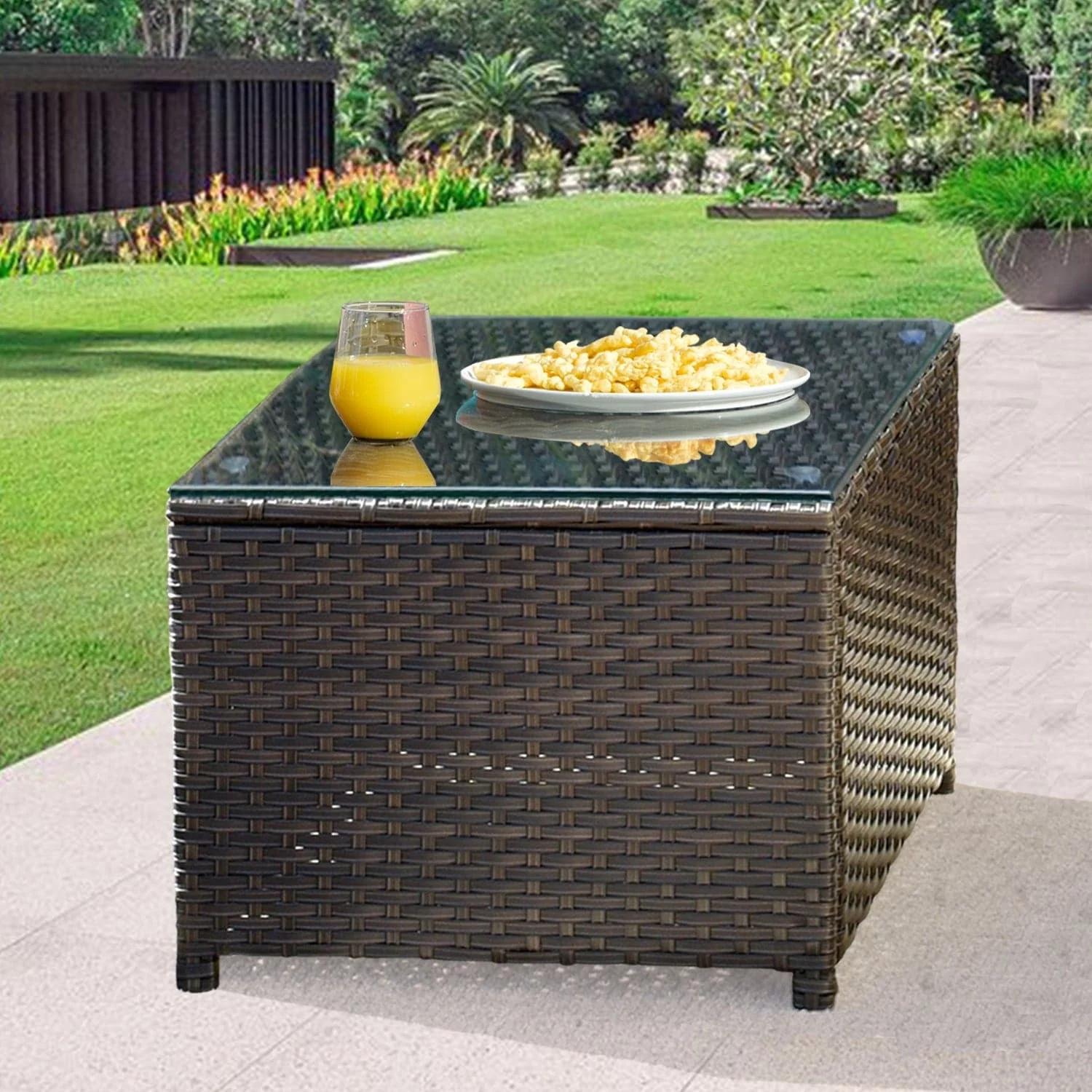 Ovios Outdoor Coffee Table Wicker Patio Furniture Set Rattan Side Tea Tables with Glass Top for Backyard