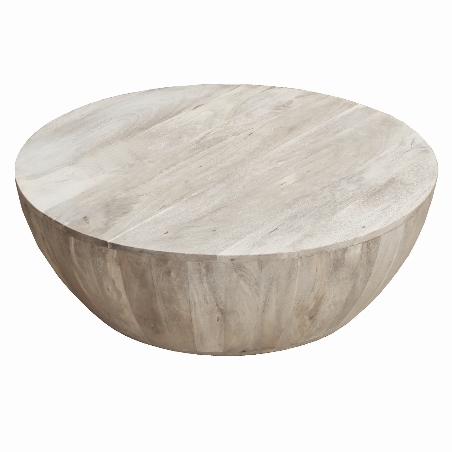 The Urban Port 36 Inch Round Mango Wood Coffee Table, Subtle Grains, Distressed White-Color:Light Brown