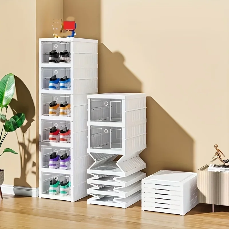 Foldable Plastic Shoe Box Organizer – Stackable, Clip-On Closure, Space-Efficient Storage for Men and Women