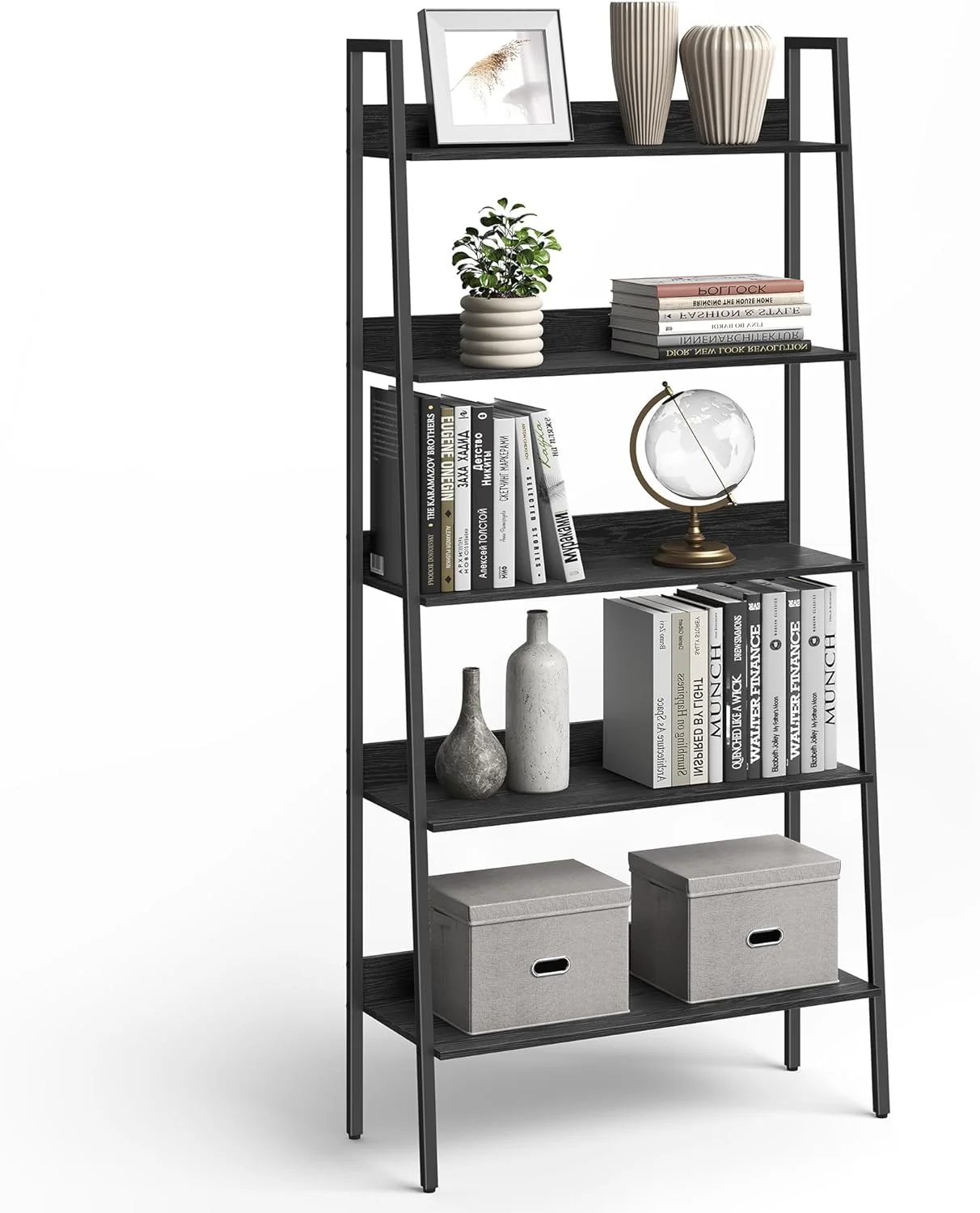 5-Tier Ladder Bookshelf: Ebony Black and Ink Black, Home Office, Living Room, Bedroom