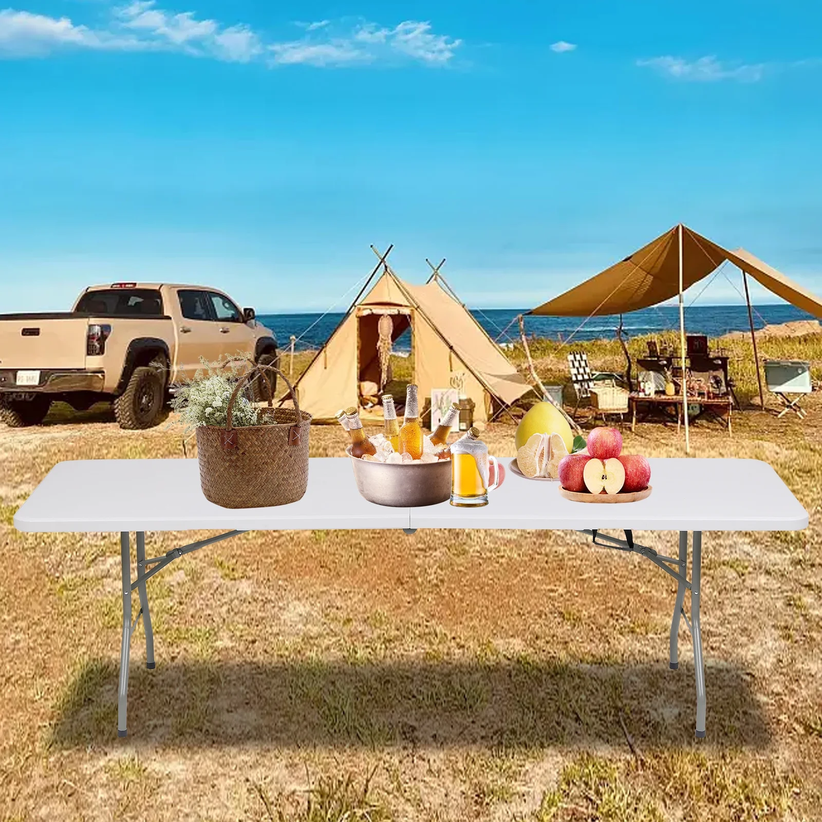 TBKLEY 8ft Portable Plastic Folding Tables for Home Garden Office Indoor Outdoor, White