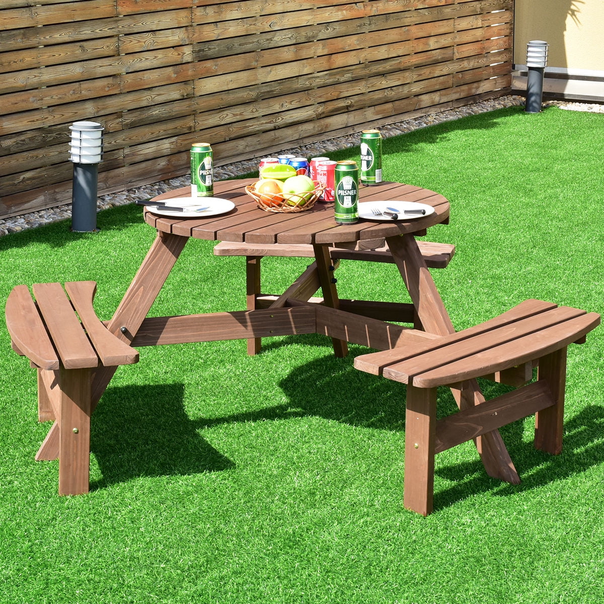Costway Patio 6 Person Outdoor Wood Picnic Table Beer Bench Set Pub Dining Seat Garden