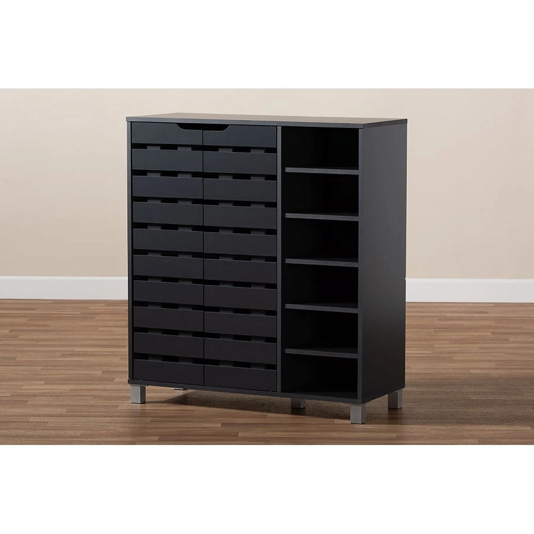 Baxton Studio Shirley Modern and Contemporary Dark Grey Finished 2-Door Wood Shoe Storage Cabinet with Open Shelves