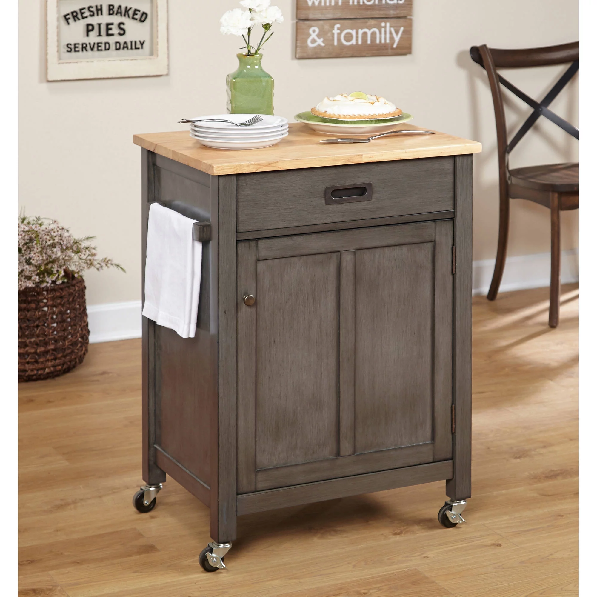TMS Jacksonville Butcher Block Rolling Kitchen Storage Cart with Cabinet, Drawer, and Towl Rack, Weathered Gray