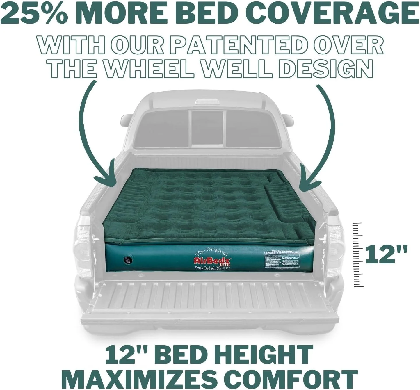 AirBedz by - Lite Full Size Short Truck Bed Air Mattress, Green - 6-6.5' Long, with Portable DC Air Pump