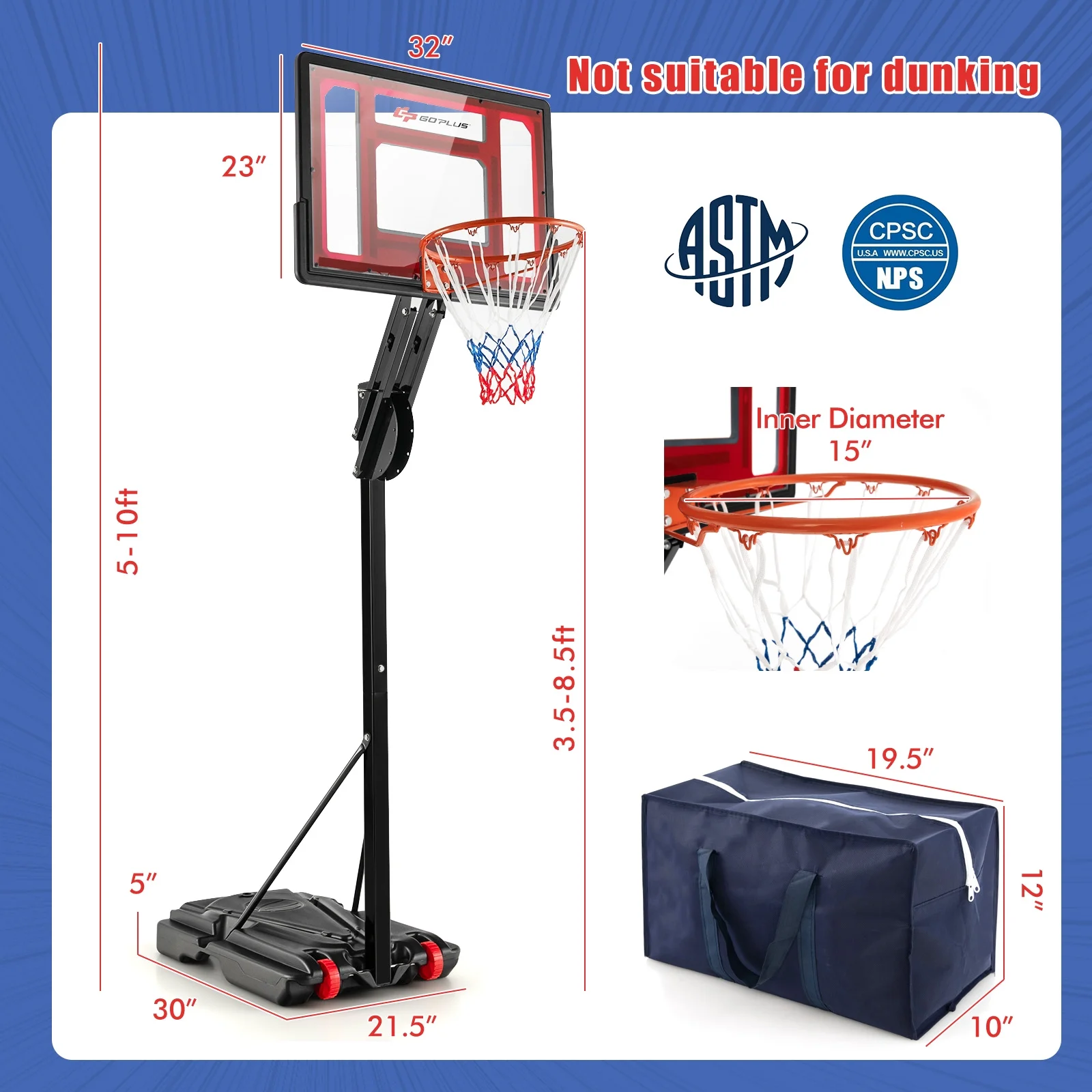 Infans Portable Basketball Hoop System 5-10 FT Adjustable W/Weight Bag Wheels Outdoor