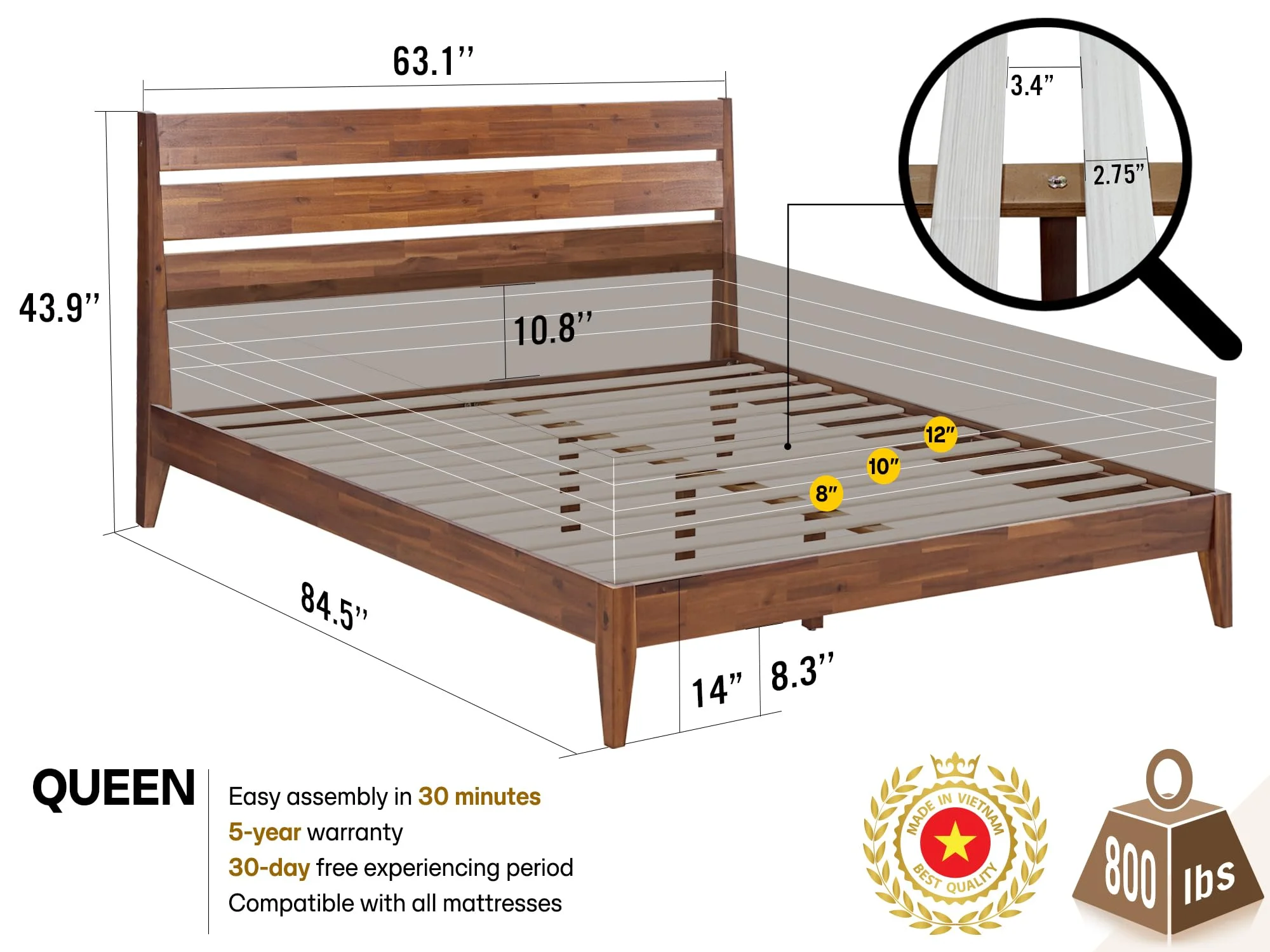 Acacia Emery Solid Wood Bed Frame with Headboard, Signature Headboard Wood Bed, Queen - Walnut