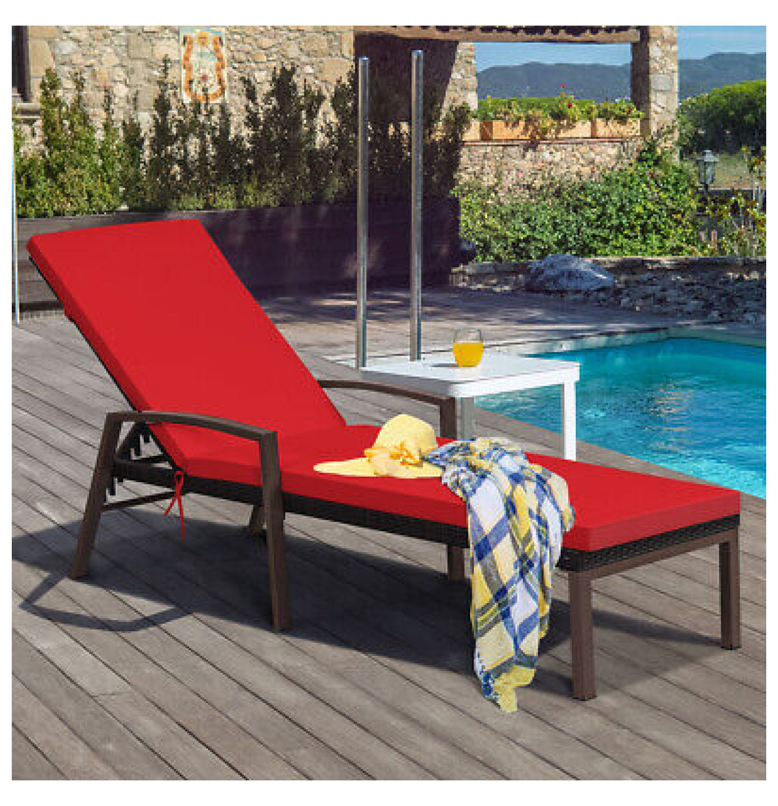 FENG20 Patio Rattan Lounge Chair Chaise Recliner Back Adjustable Cushioned Garden Red