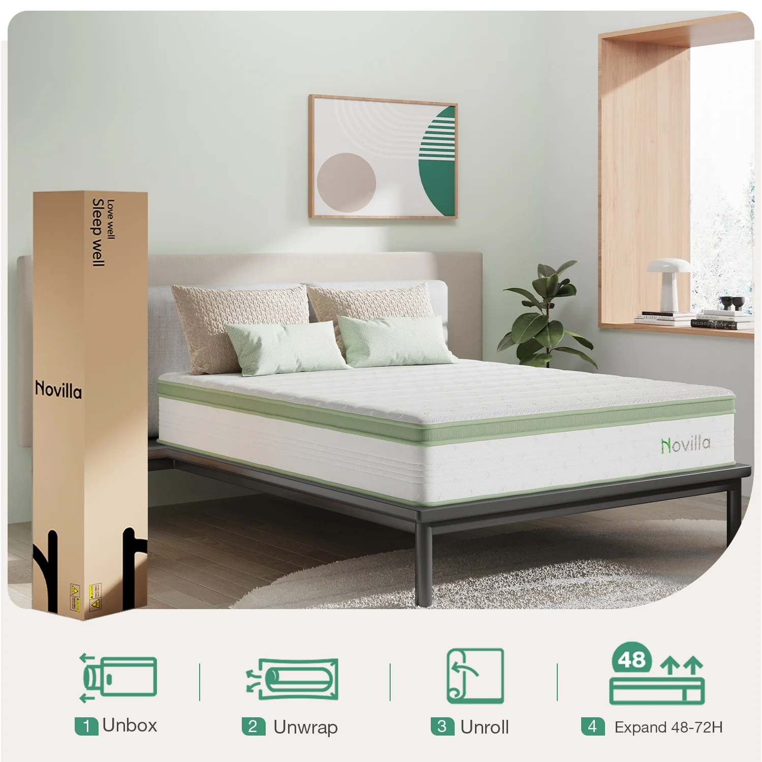 Novilla Snowfall 10 inch Bed in a Box Adult Pocket Spring Hybrid Mattress, Queen Size
