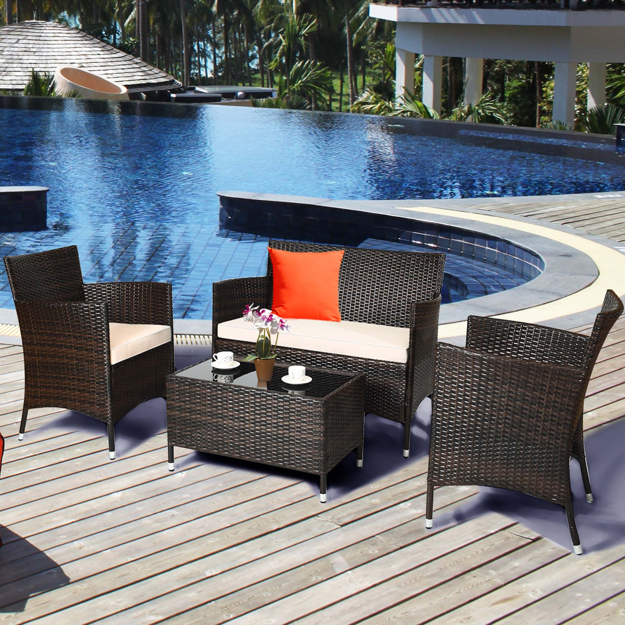 Costway 4PCS Patio Wicker Furniture Set Sofa Chair with Brown & Turquoise Cushion Covers