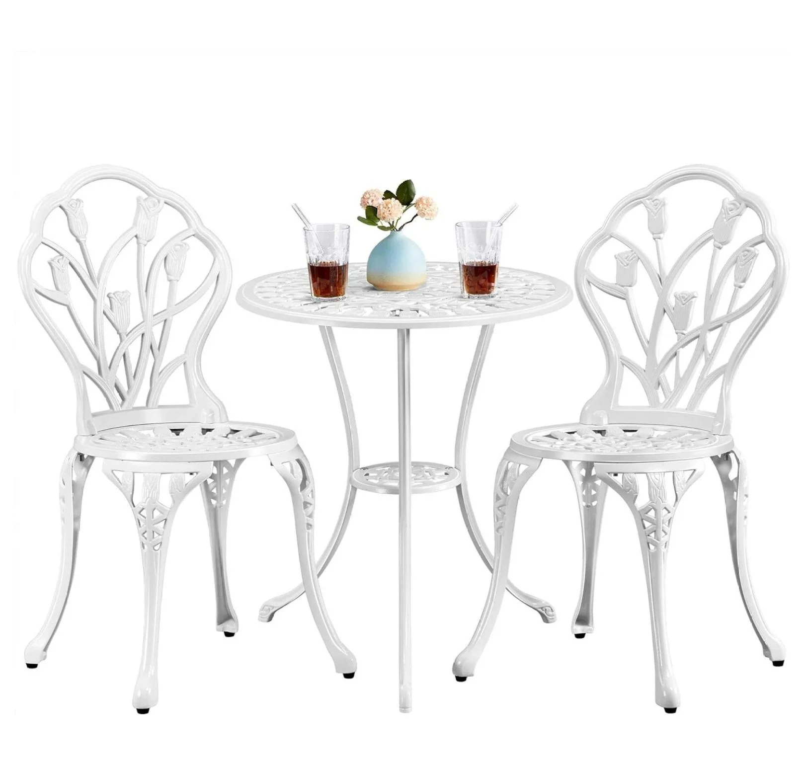 ChicCrest Patio Bistro Sets 3 Piece, Outdoor Rust-Resistant Cast Aluminum Garden Table and Chairs, White