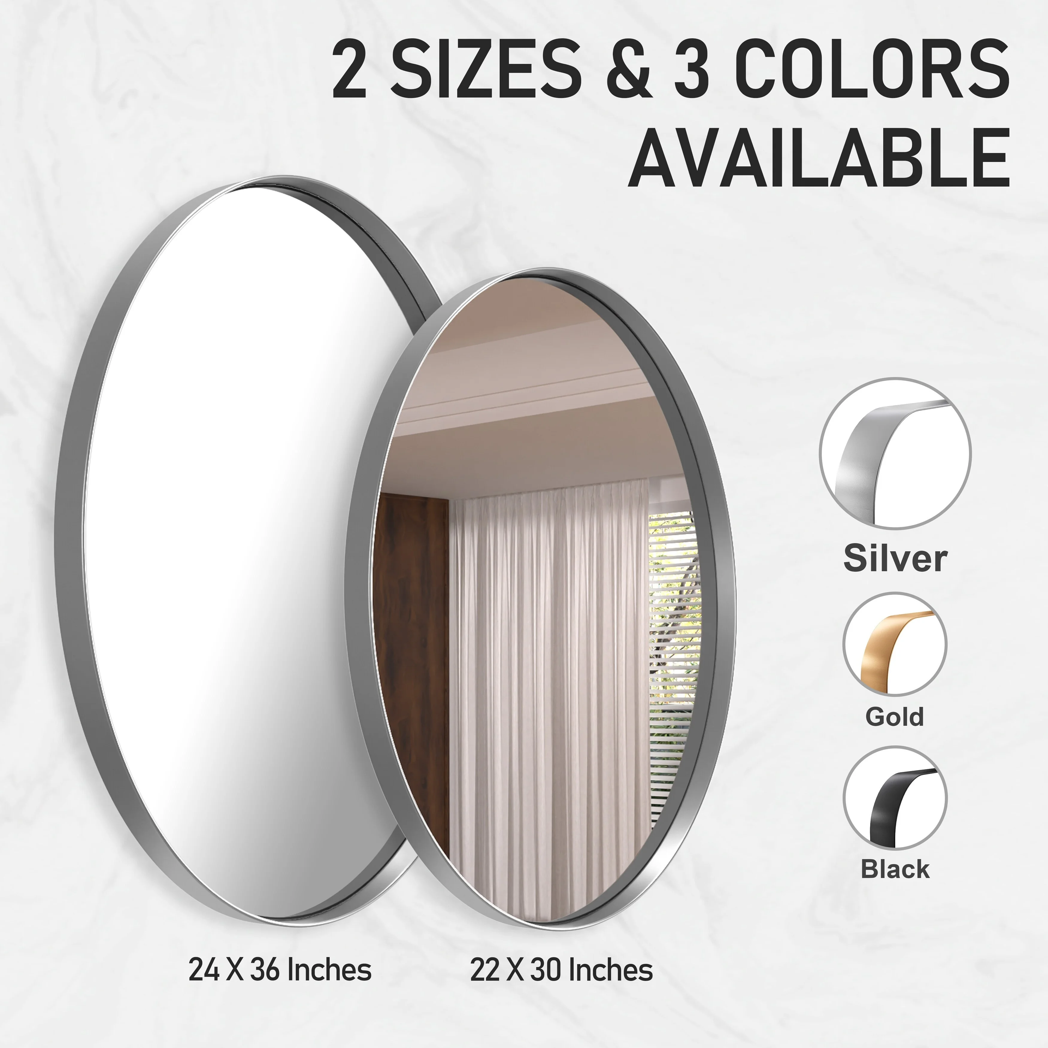 PRIMEPLUS Modern Wall Mirror, Oval Mirror with Metal Framed, Bathroom Mirror with Round Corner Vanity Mirror for Vertical/Horizontal Silver - 24W *