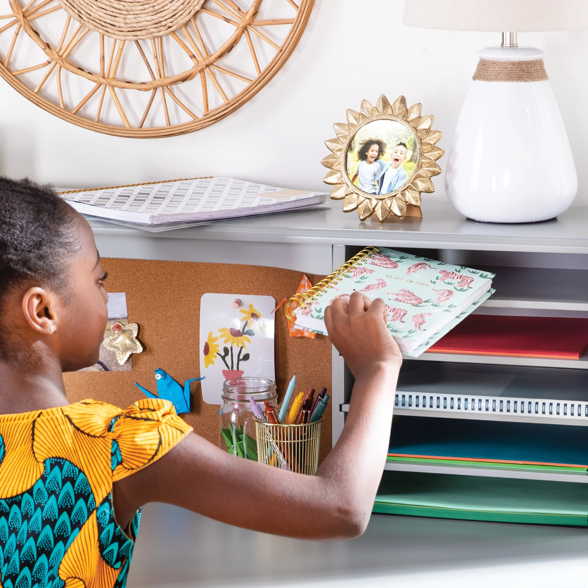 Guidecraft Kids' Media Desk and Chair Set - Gray: Wood Study and Writing Table with Corkboard, Hutch and Adjustable Shelf Storage