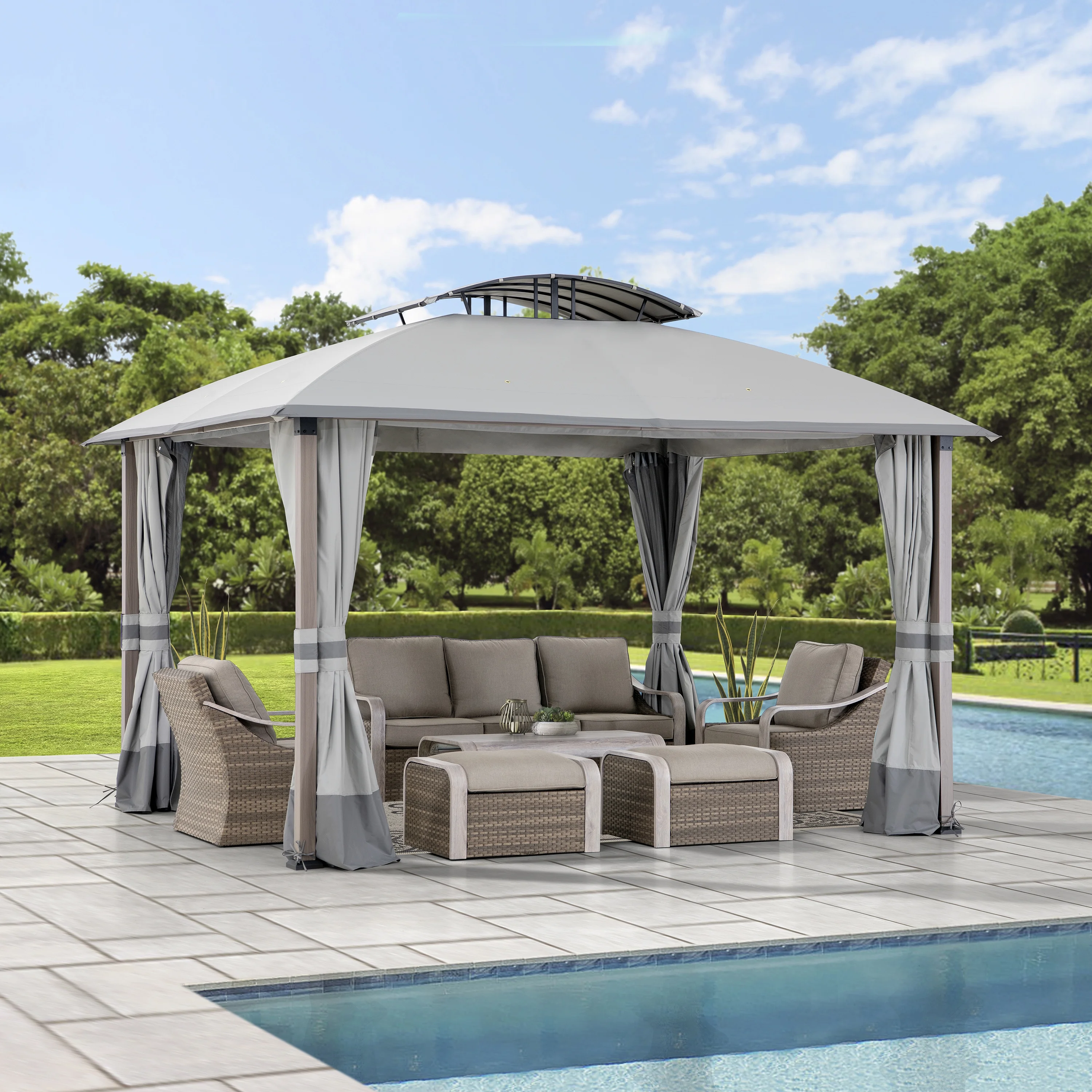 Sunjoy 11x13 ft. Soft Top Gazebo, Outdoor Patio Woodgrain Steel Framed Gazebo, Backyard Arched 2-tier Canopy with Curtain and Netting, Gray