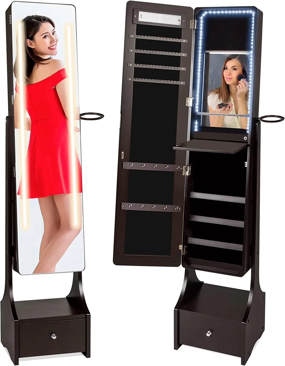 Best Choice Products Full Length LED Mirrored Jewelry Storage Organizer Cabinet w/ Interior & Exterior Lights - Espresso