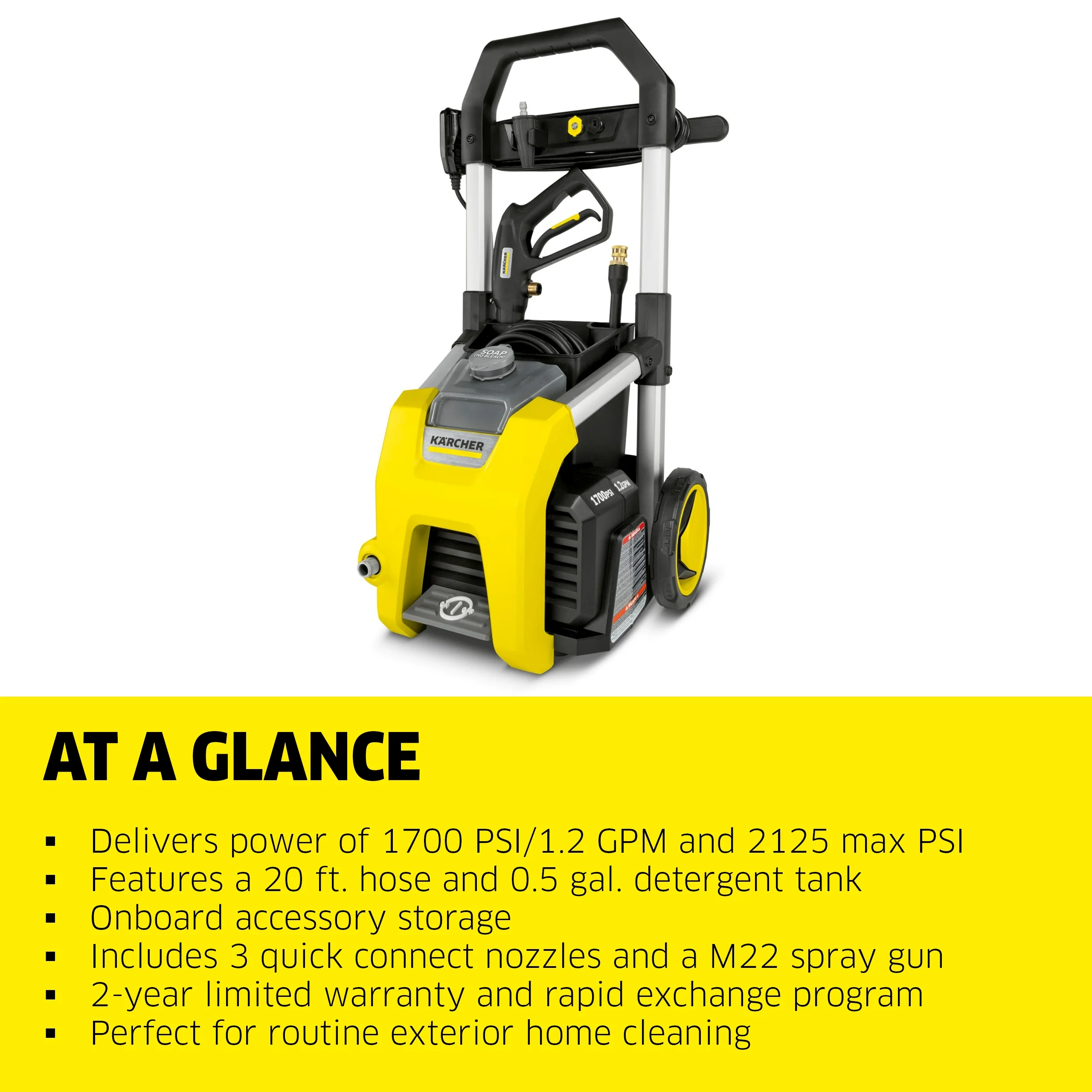 Karcher K1700, Max 2125 PSI, Pressure Washer with Hose, Spray Gun, 3 Nozzles, 1.2 GPM