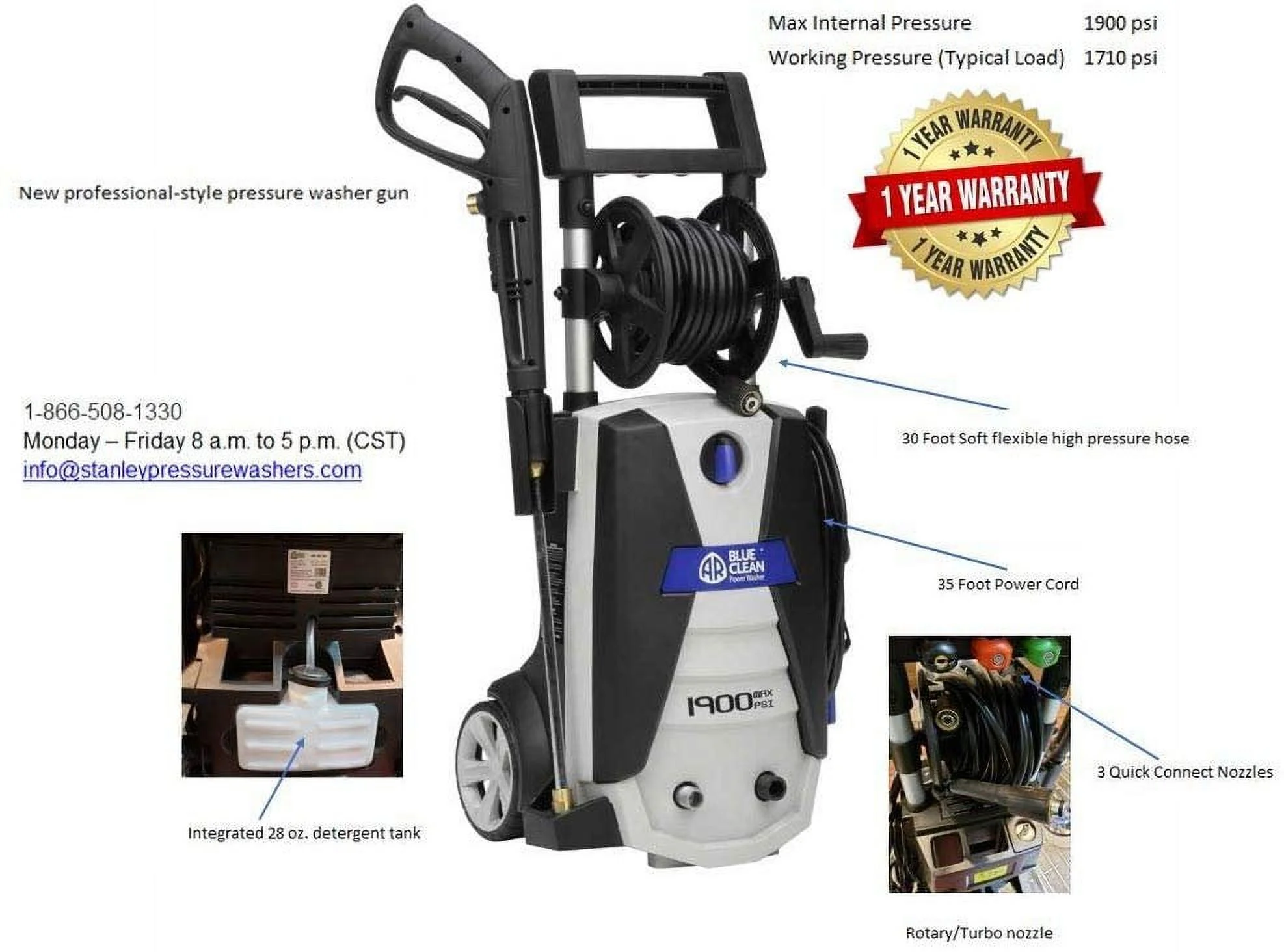 AR Blue Clean, AR383 1,900 PSI Electric Pressure Washer, Nozzles, Spray Gun, Wand, Detergent Bottle & Hose