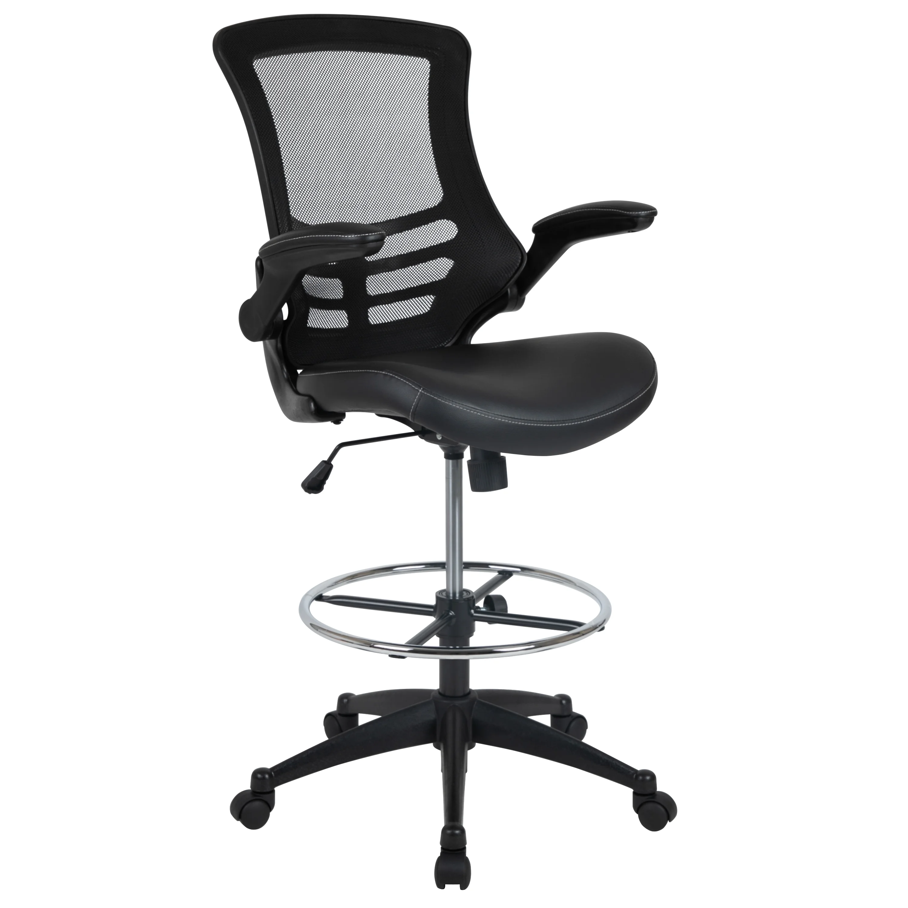 Flash Furniture Kelista Mid-Back Black Mesh Ergonomic Drafting Chair with LeatherSoft Seat, Adjustable Foot Ring and Flip-Up Arms