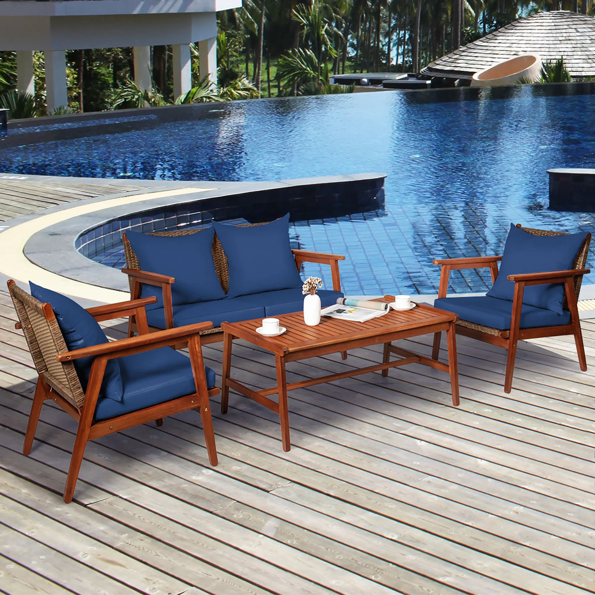 Costway 4PCS Patio Rattan Furniture Set Acacia Wood Frame Cushioned Sofa Chair Navy