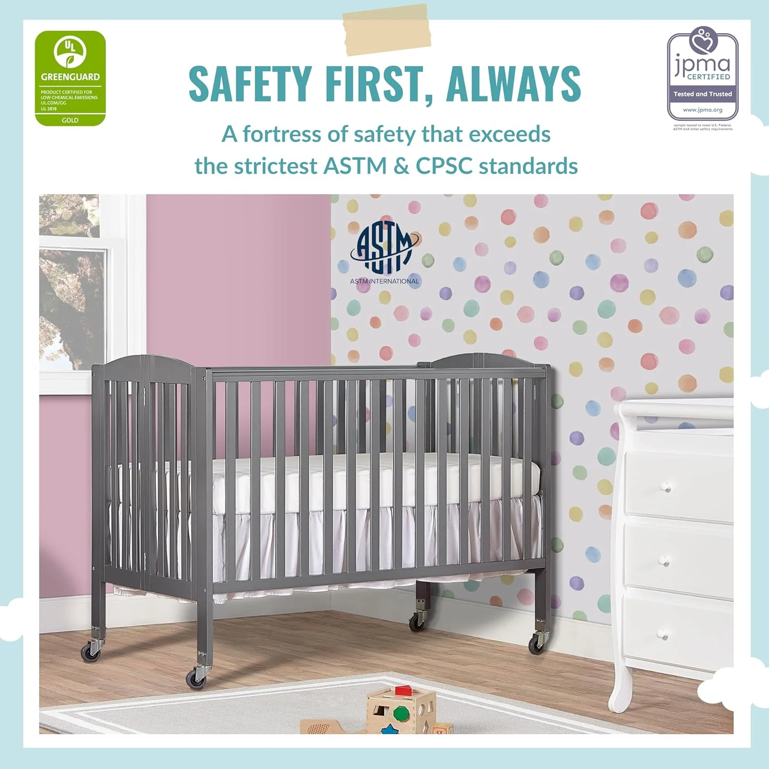 Folding Full Size Convenience Crib In Storm Grey, Two Adjustable Mattress Height Positions, Comes With Heavy Duty Locking Wheels, Flat Folding