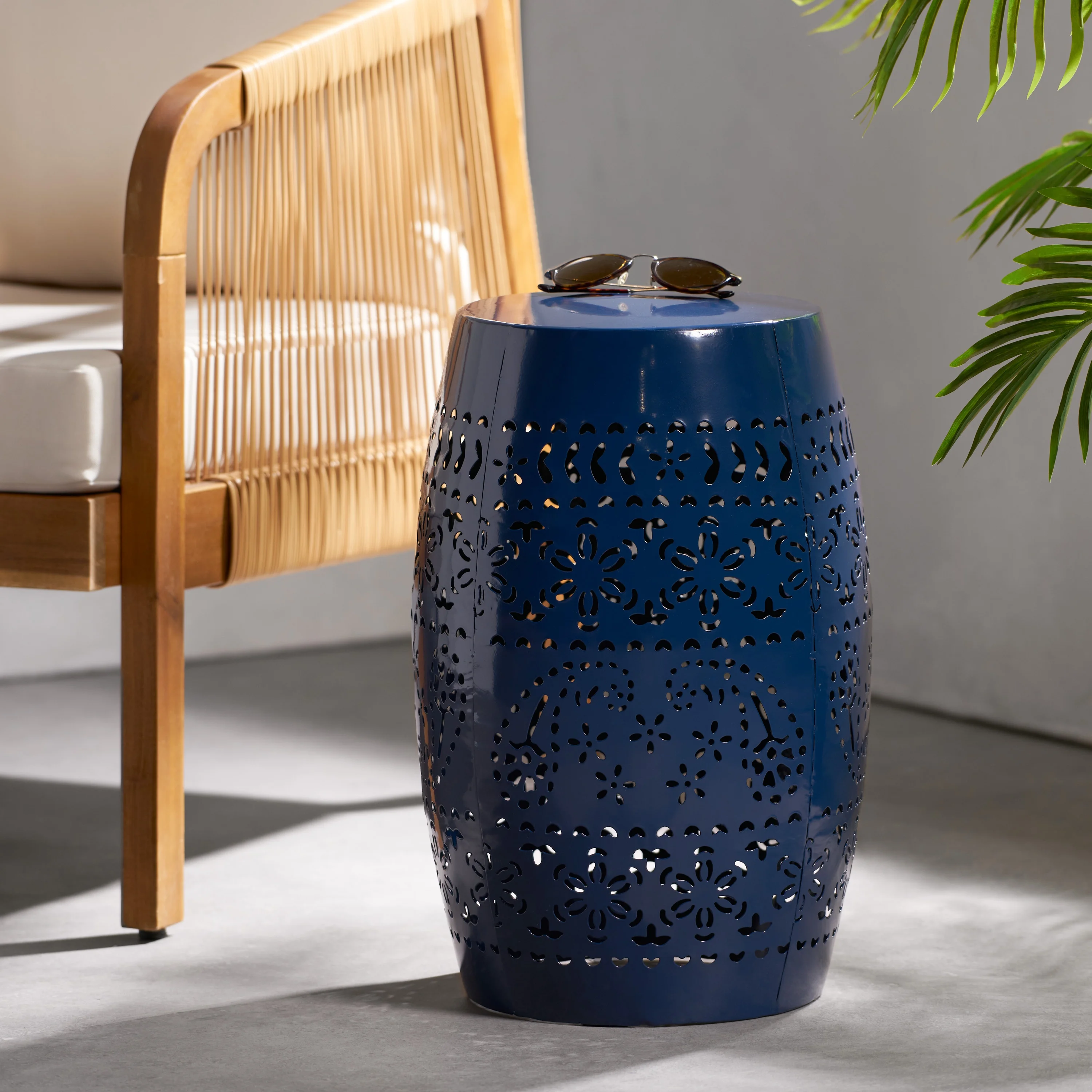 Modern Lace-Cut Metal Side Table - All-Weather Outdoor and Indoor Accent Table with Barrel Shape
