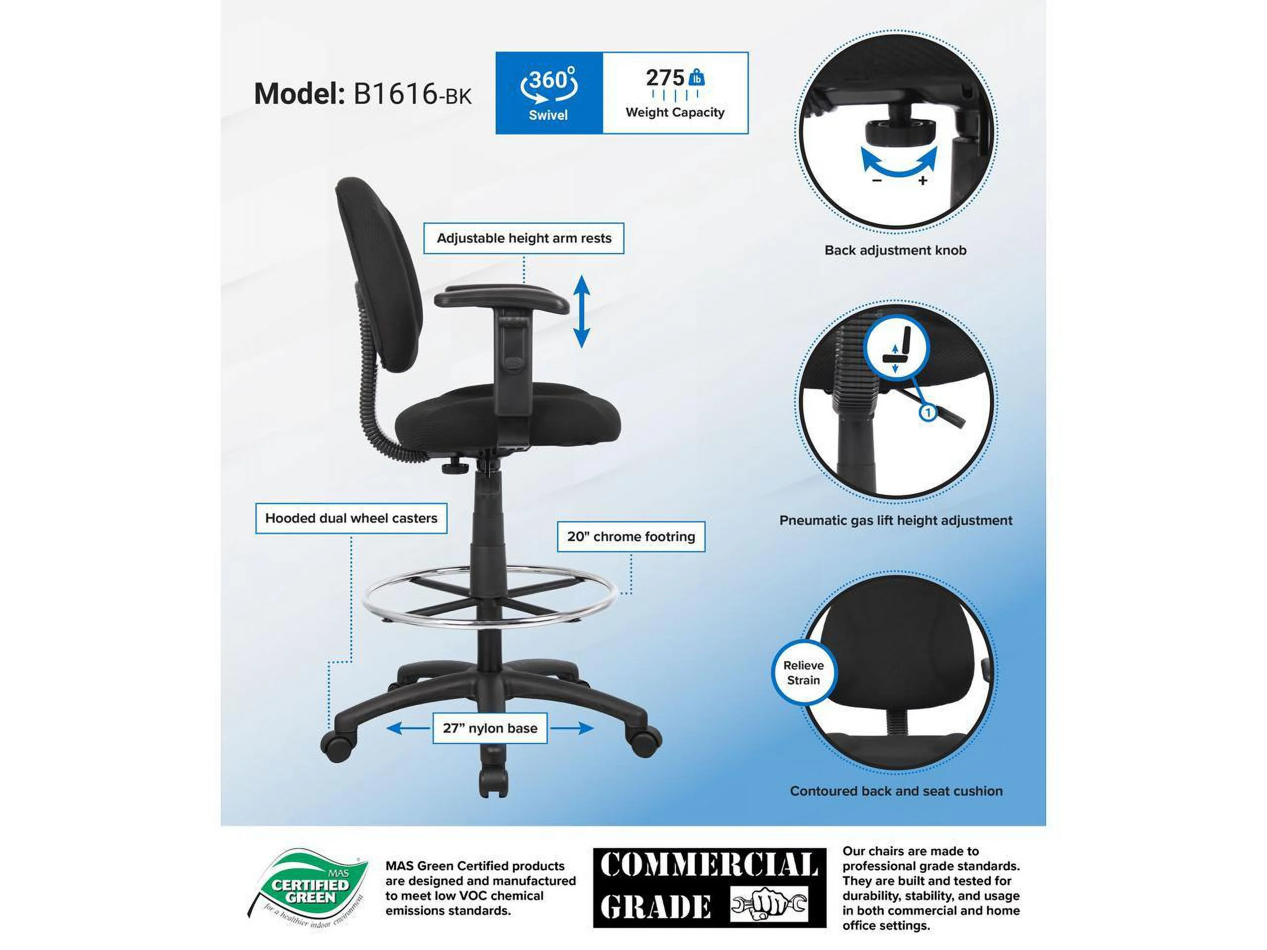 Boss Office & Home Contoured Comfort Adjustable Sit-Stand Desk Chair with Adjustable Arms, Black