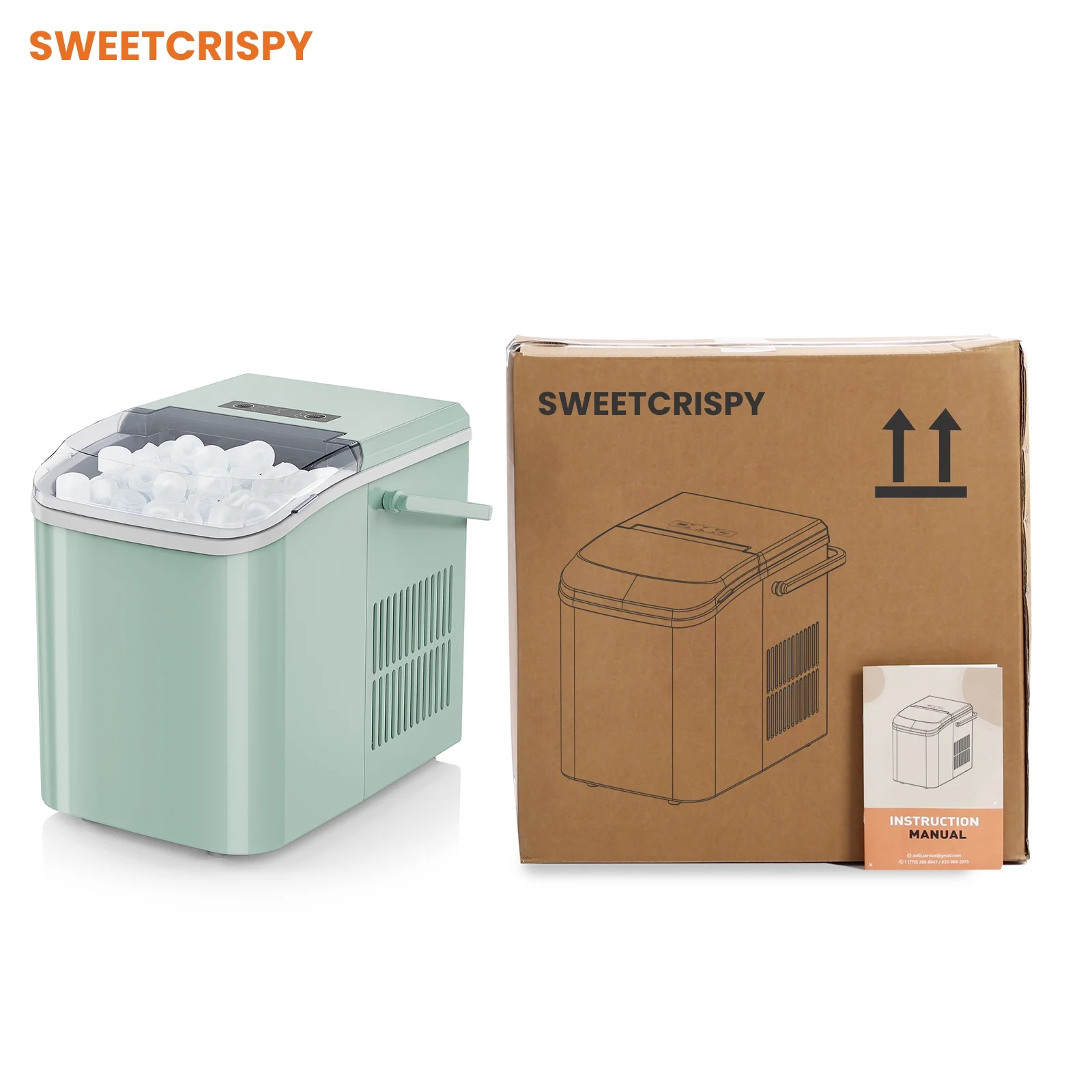 SWEETCRISPY Countertop Ice Maker, Portable Self-Cleaning Ice Machine with Ice Scoop, Basket and Handle, Green