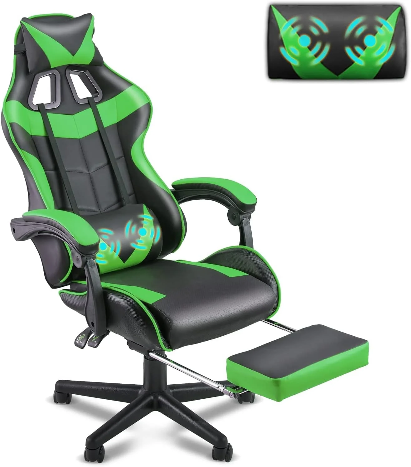 Green Gaming Chair with Footrest,Racing Gaming Chair,Computer Gamer Chair,Ergonomic Game Chair with Adjustable Headrest and Lumbar Support(Jungle Green)