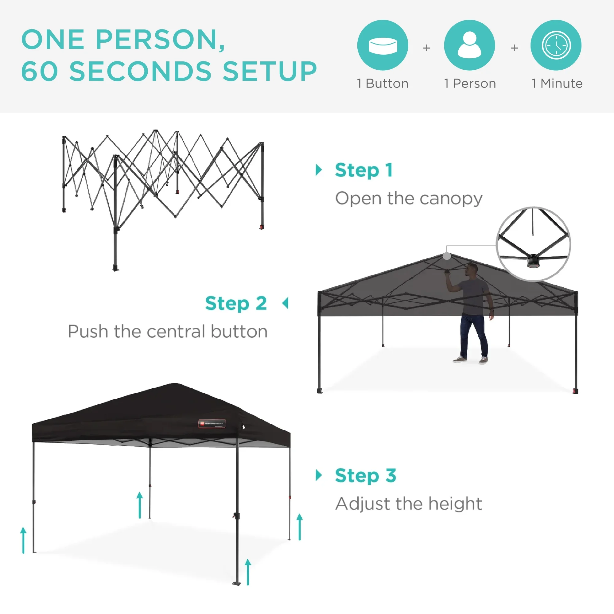 Best Choice Products 8x8ft Easy Setup Pop Up Canopy w/ 1-Button Setup, Wheeled Case, 4 Weight Bags - Black